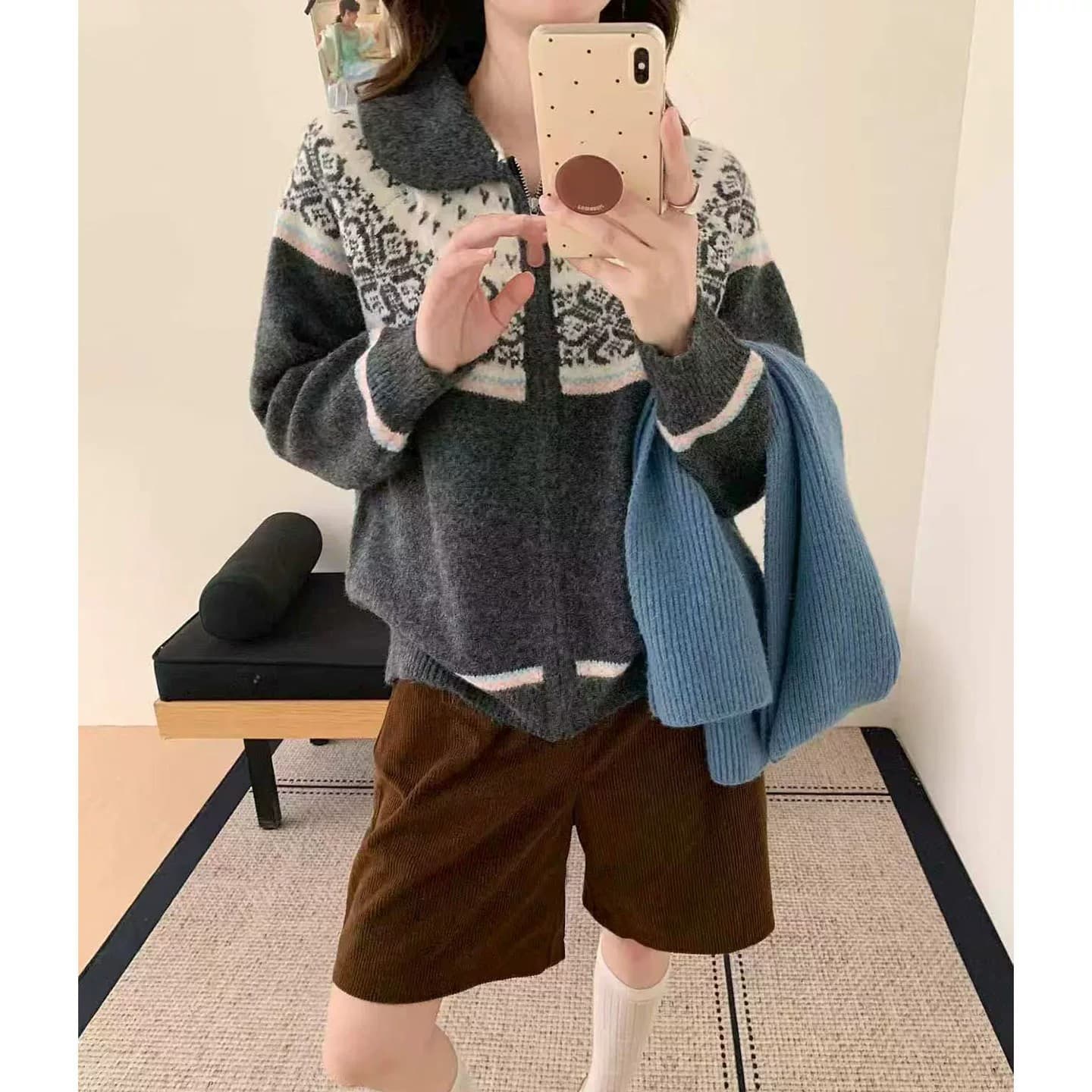 공정한 섬 바람 니트 오픈 가디건 다용도 느긋한 바람 여성 폴로 칼라 지퍼 기하학 패턴 스웨터 루즈핏 슬림해 보이는 재킷 상세 이미지 4