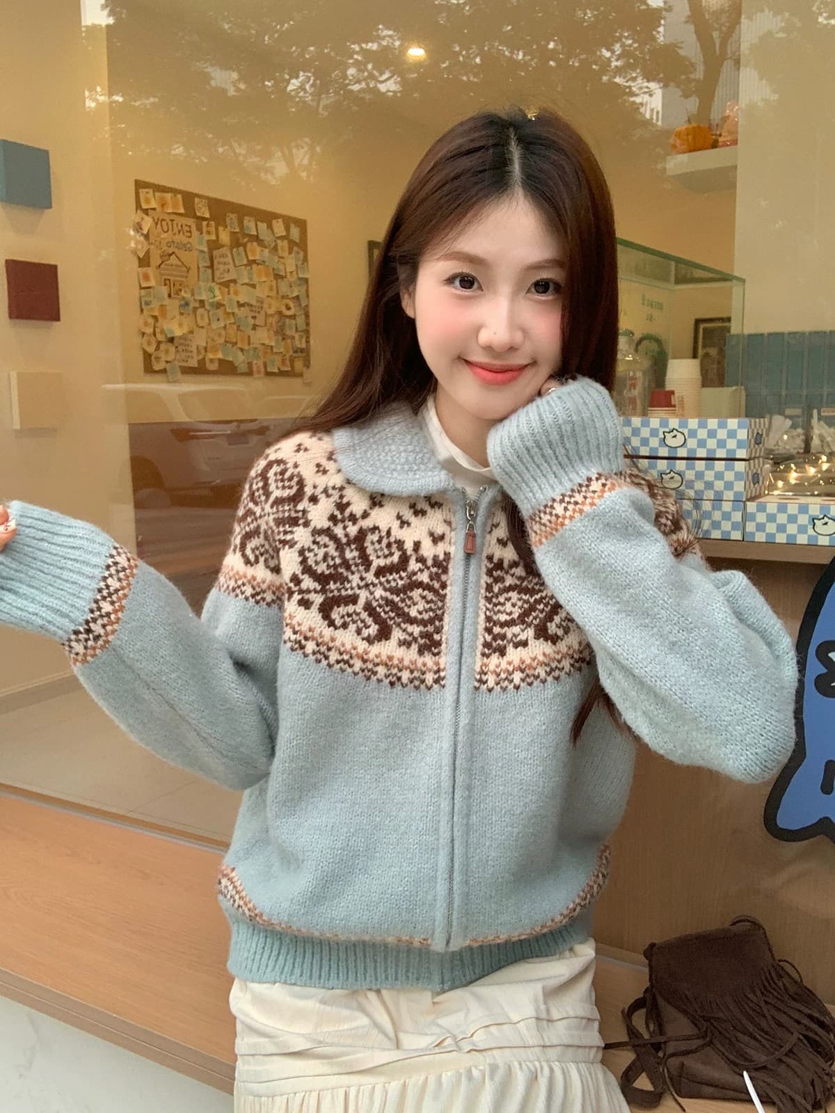 다우 시시 토끼 스웨터 여성 코트 북유럽 공정한 섬 루즈핏 니트 스웨터 디자인 센스 레트로 자카드 캐주얼 맨위 상세 이미지 7