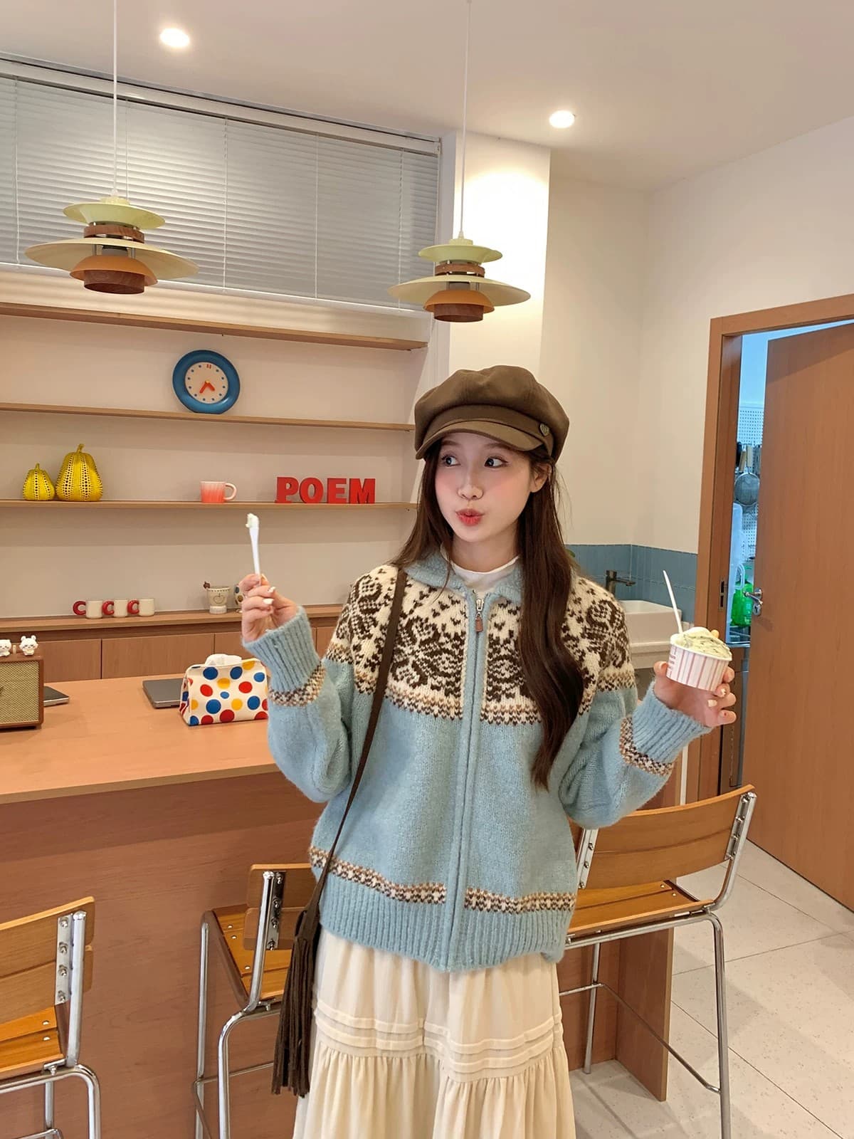 다우 시시 토끼 스웨터 여성 코트 북유럽 공정한 섬 루즈핏 니트 스웨터 디자인 센스 레트로 자카드 캐주얼 맨위 상세 이미지 20