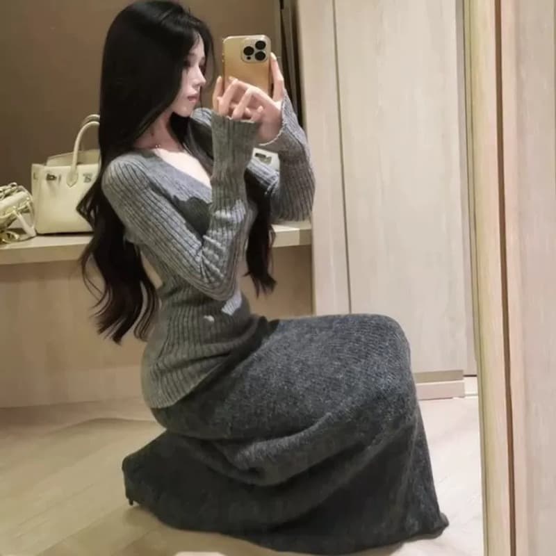 한 부서 회색 깊은 V 넥 니트 스웨터 스웨터 여자 조기 가을 몸매 가꾸기 슬림해 보이는 인사이드 가져 가라. 부드러운 찹쌀 긴팔 만나는 맨위 이미지 6