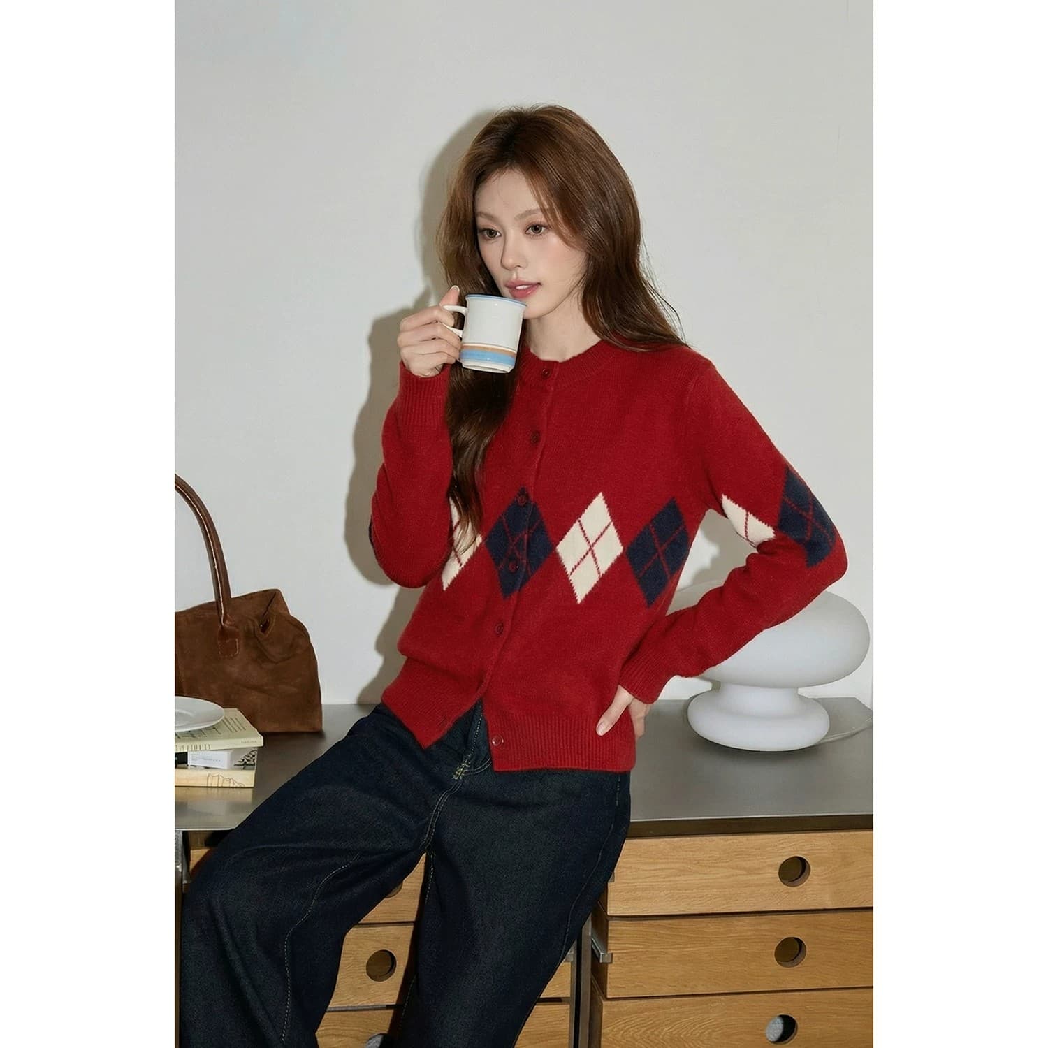 공정한 섬 디자인 센스 링 그리드 빨간색 스웨터 오픈 가디건 여성 겨울 띠띠해 착용 가져 가라. 니트 재킷 맨위 이미지 4