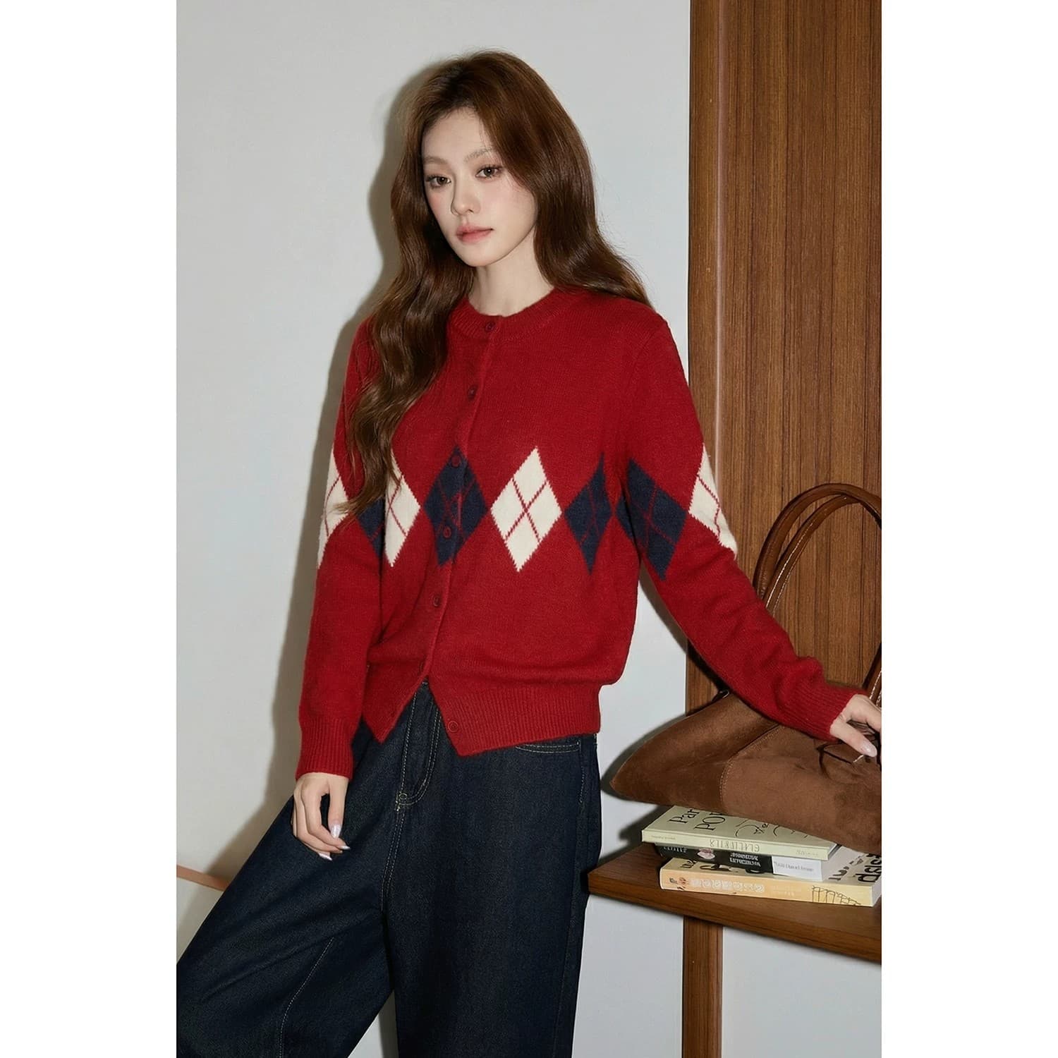 공정한 섬 디자인 센스 링 그리드 빨간색 스웨터 오픈 가디건 여성 겨울 띠띠해 착용 가져 가라. 니트 재킷 맨위 이미지 3