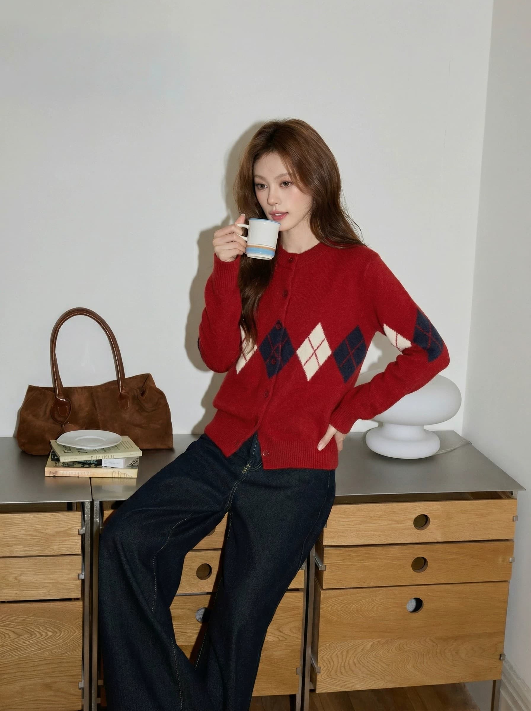 런던 브리지 안개 양모 링 그리드 스웨터 여성 코트 가을 겨울 한 부서 레트로 다용도 슬림해 보이는 니트 오픈 가디건 상세 이미지 3