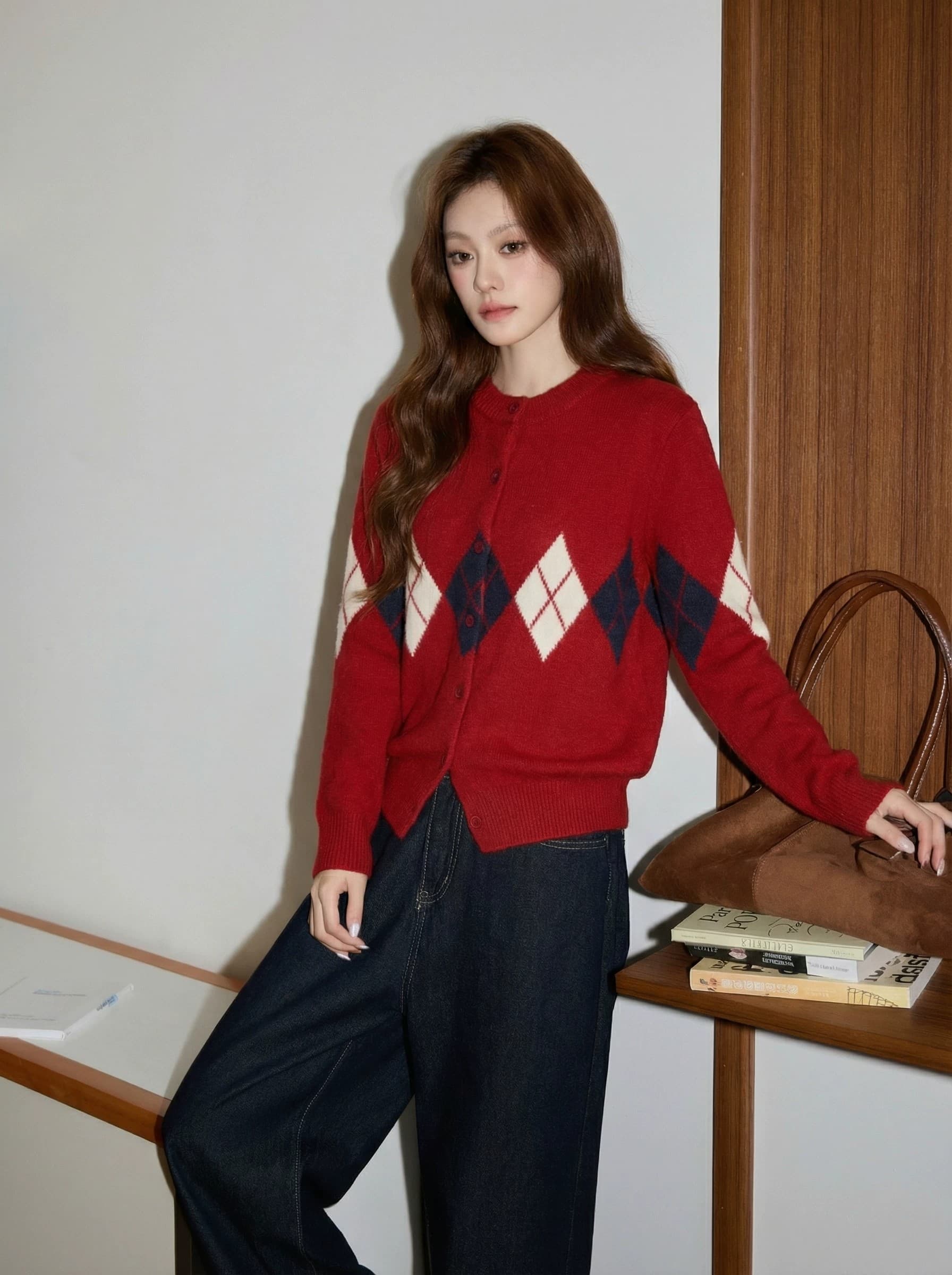 런던 브리지 안개 양모 링 그리드 스웨터 여성 코트 가을 겨울 한 부서 레트로 다용도 슬림해 보이는 니트 오픈 가디건 상세 이미지 6