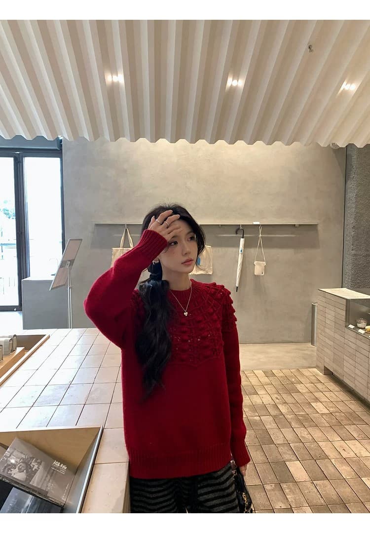 장 베이 베이 ibell 프랑스식 3 차원 내장 꽃 자수 홀로우 아웃 니트 카디건 여성 레트로 보온 라운드 넥 스웨터 상세 이미지 29