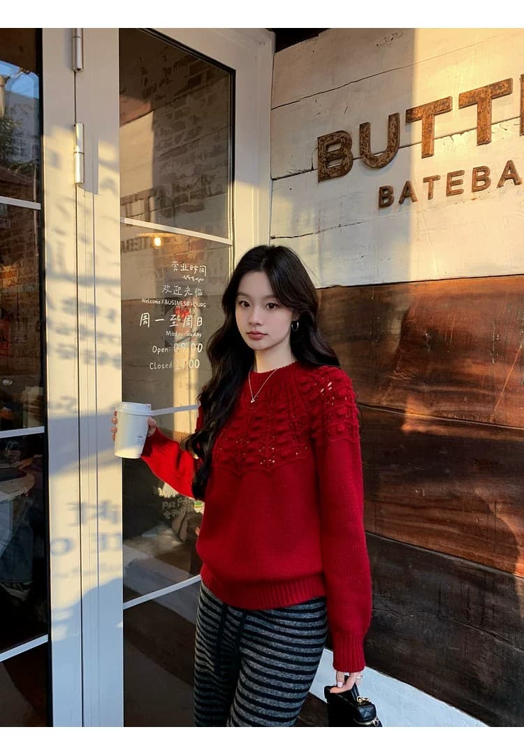 장 베이 베이 ibell 프랑스식 3 차원 내장 꽃 자수 홀로우 아웃 니트 카디건 여성 레트로 보온 라운드 넥 스웨터 상세 이미지 36