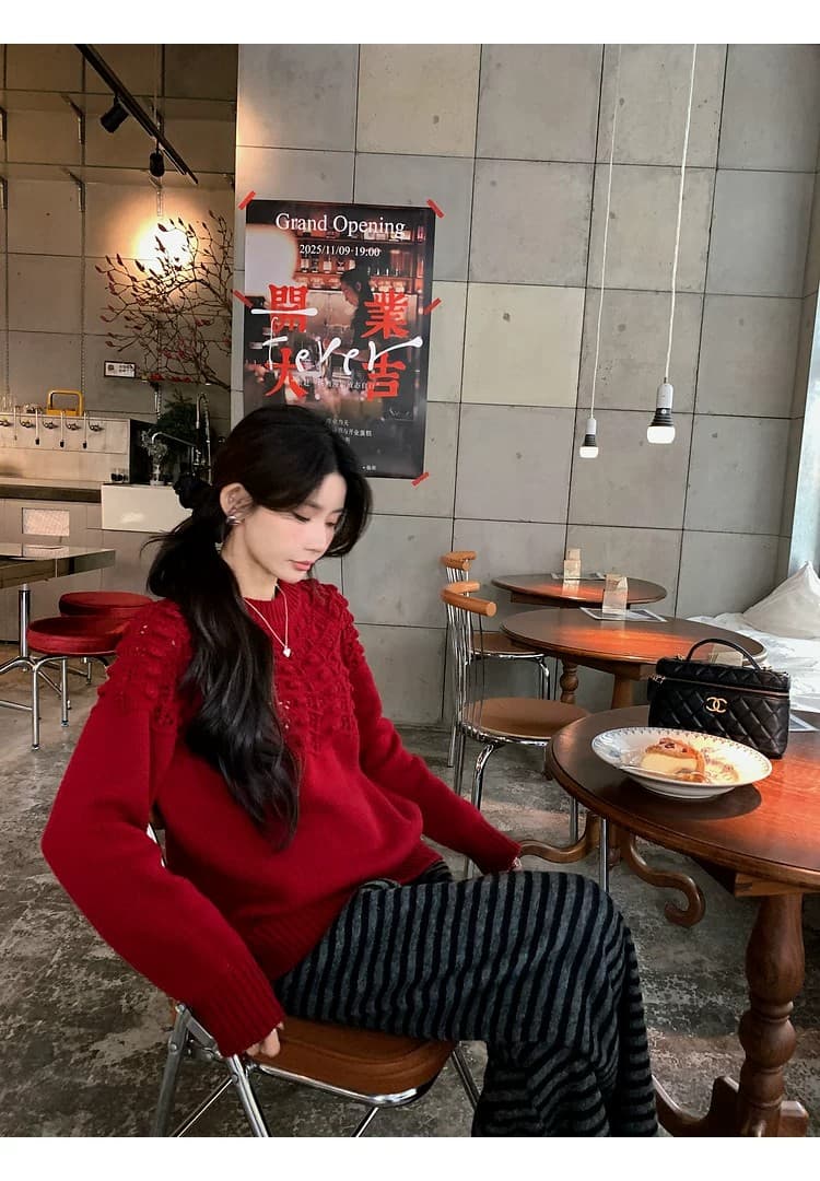 장 베이 베이 ibell 프랑스식 3 차원 내장 꽃 자수 홀로우 아웃 니트 카디건 여성 레트로 보온 라운드 넥 스웨터 상세 이미지 43