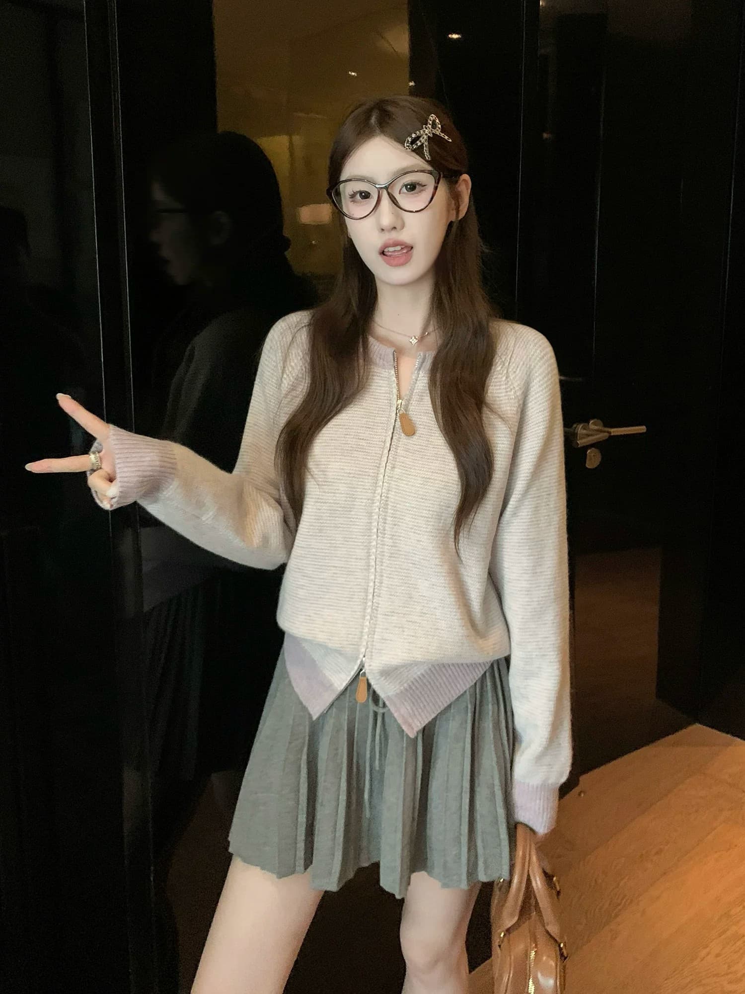 이른 가을 배색 스트라이프 라운드 넥 스웨터 여자 재킷 고유 한 아름다운 루즈핏 수 있습니다. 외출용 긴팔 니트 오픈 가디건 맨위 상세 이미지 35