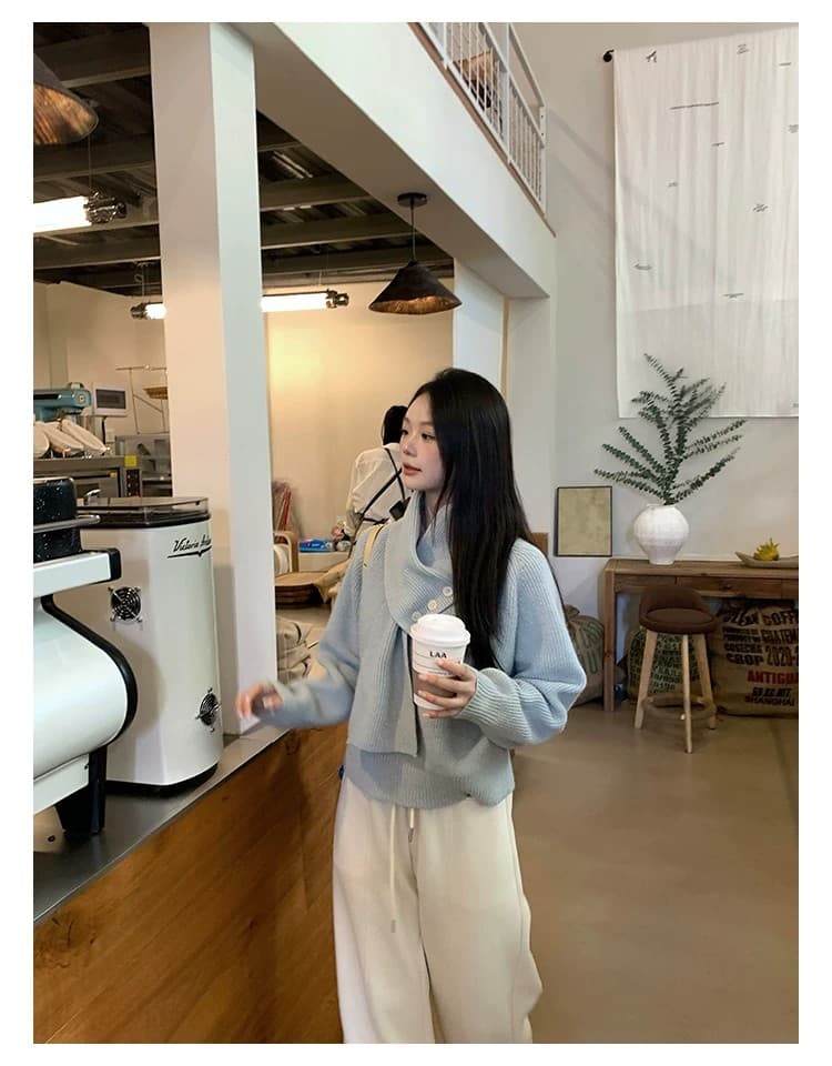 케이크를 잘라 직접 만든 작은 키 파란색 새로운 맨위 여성 디자인 센스 스카프 부드러운 스웨터 니트 스웨터 재킷 상세 이미지 18