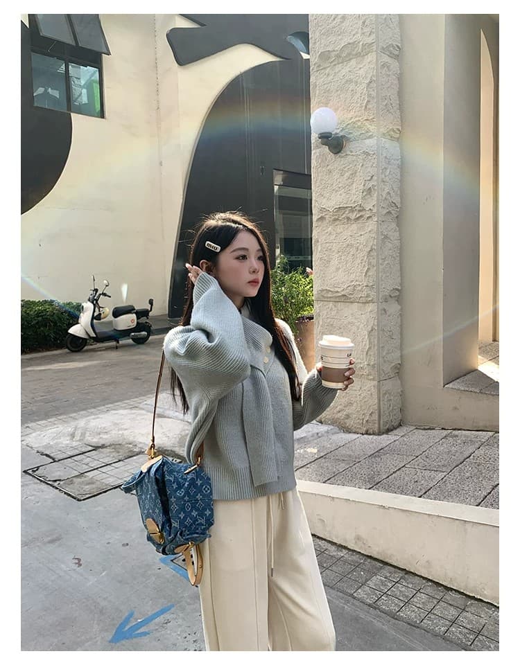 케이크를 잘라 직접 만든 작은 키 파란색 새로운 맨위 여성 디자인 센스 스카프 부드러운 스웨터 니트 스웨터 재킷 상세 이미지 35