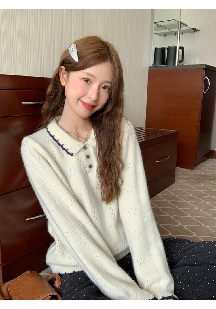 패치워크 색상 폴로 칼라 스웨터 루즈핏 연령 감소 2026 가을 캐주얼 한 부서 다용도 연령 감소 부드러운 찹쌀 맨위 상세 이미지 15