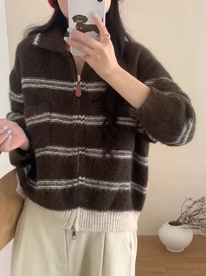 폴로 칼라 양방향 지퍼 문 襟 스트라이프 니트 오픈 가디건 부드러운 찹쌀 꽃 실 루즈핏 느긋한 바람 벨트 주머니 스웨터