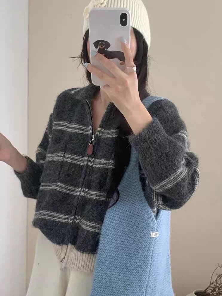 폴로 칼라 양방향 지퍼 문 襟 스트라이프 니트 오픈 가디건 부드러운 찹쌀 꽃 실 루즈핏 느긋한 바람 벨트 주머니 스웨터 이미지 2