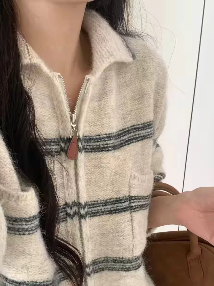 폴로 칼라 양방향 지퍼 문 襟 스트라이프 니트 오픈 가디건 부드러운 찹쌀 꽃 실 루즈핏 느긋한 바람 벨트 주머니 스웨터 이미지 3