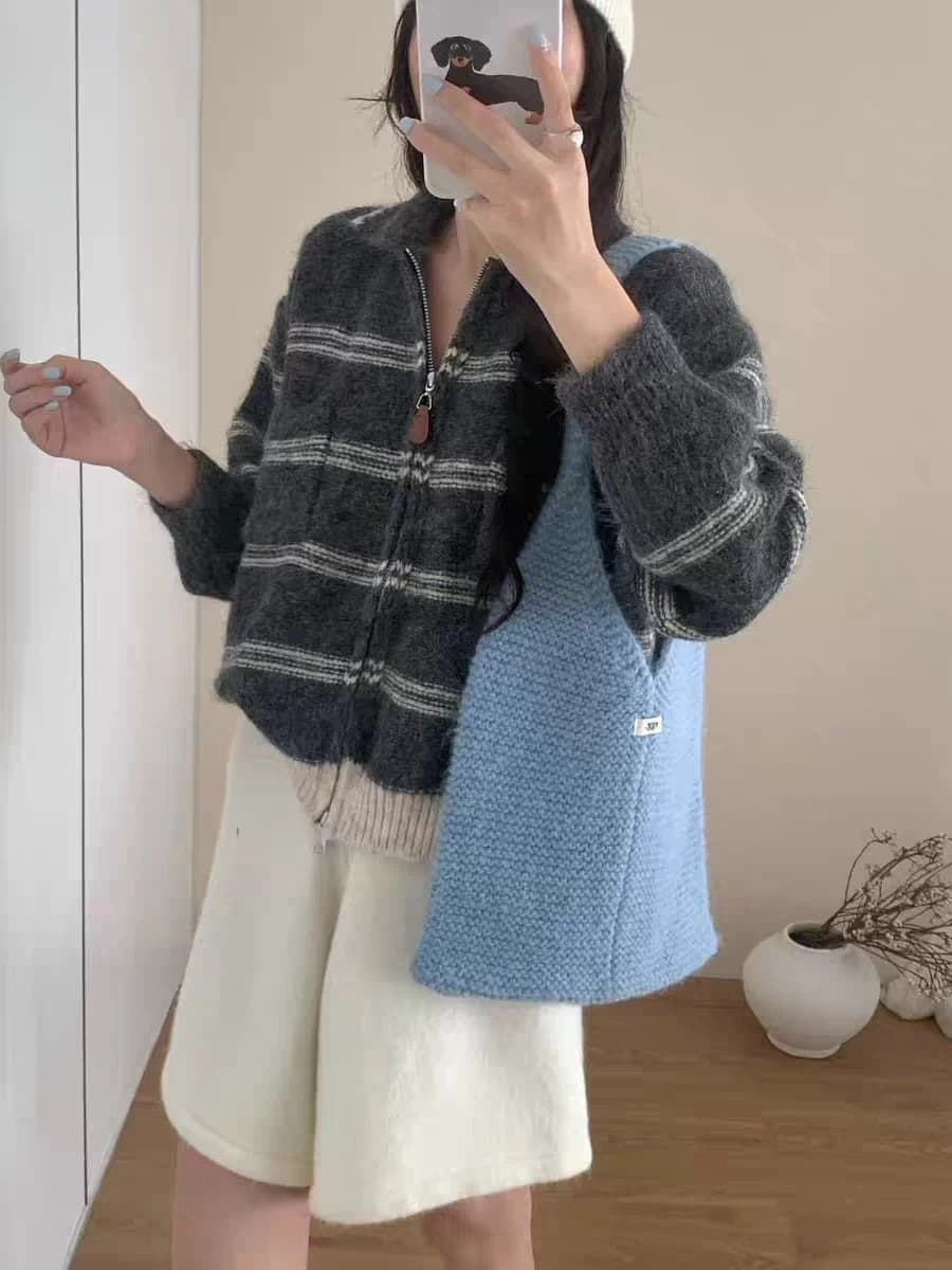 폴로 칼라 양방향 지퍼 문 襟 스트라이프 니트 오픈 가디건 부드러운 찹쌀 꽃 실 루즈핏 느긋한 바람 벨트 주머니 스웨터 이미지 4