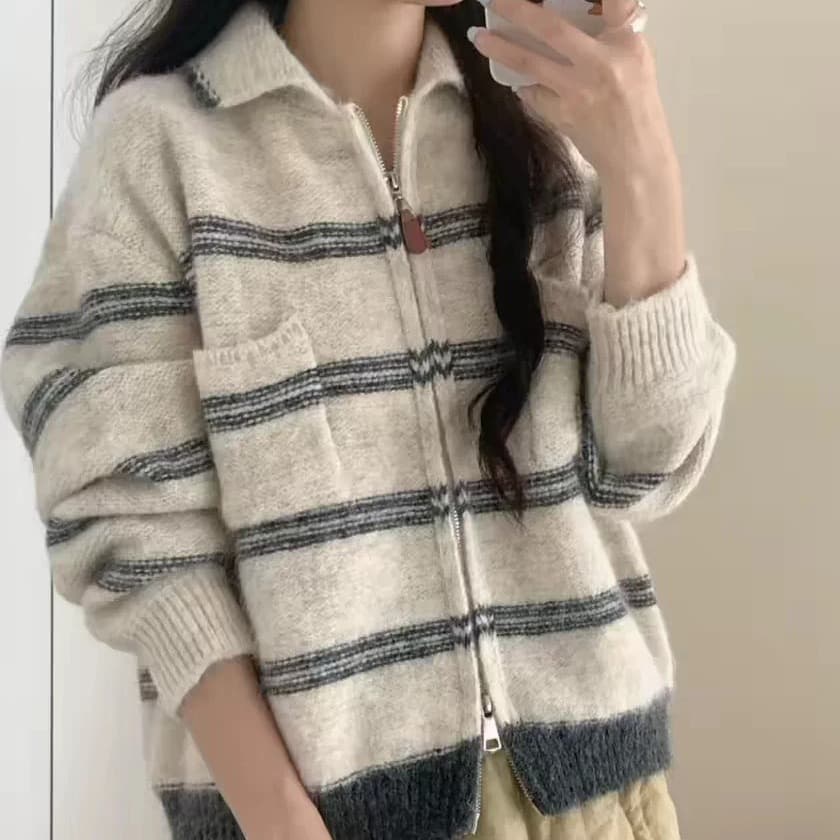 폴로 칼라 양방향 지퍼 문 襟 스트라이프 니트 오픈 가디건 부드러운 찹쌀 꽃 실 루즈핏 느긋한 바람 벨트 주머니 스웨터 이미지 5