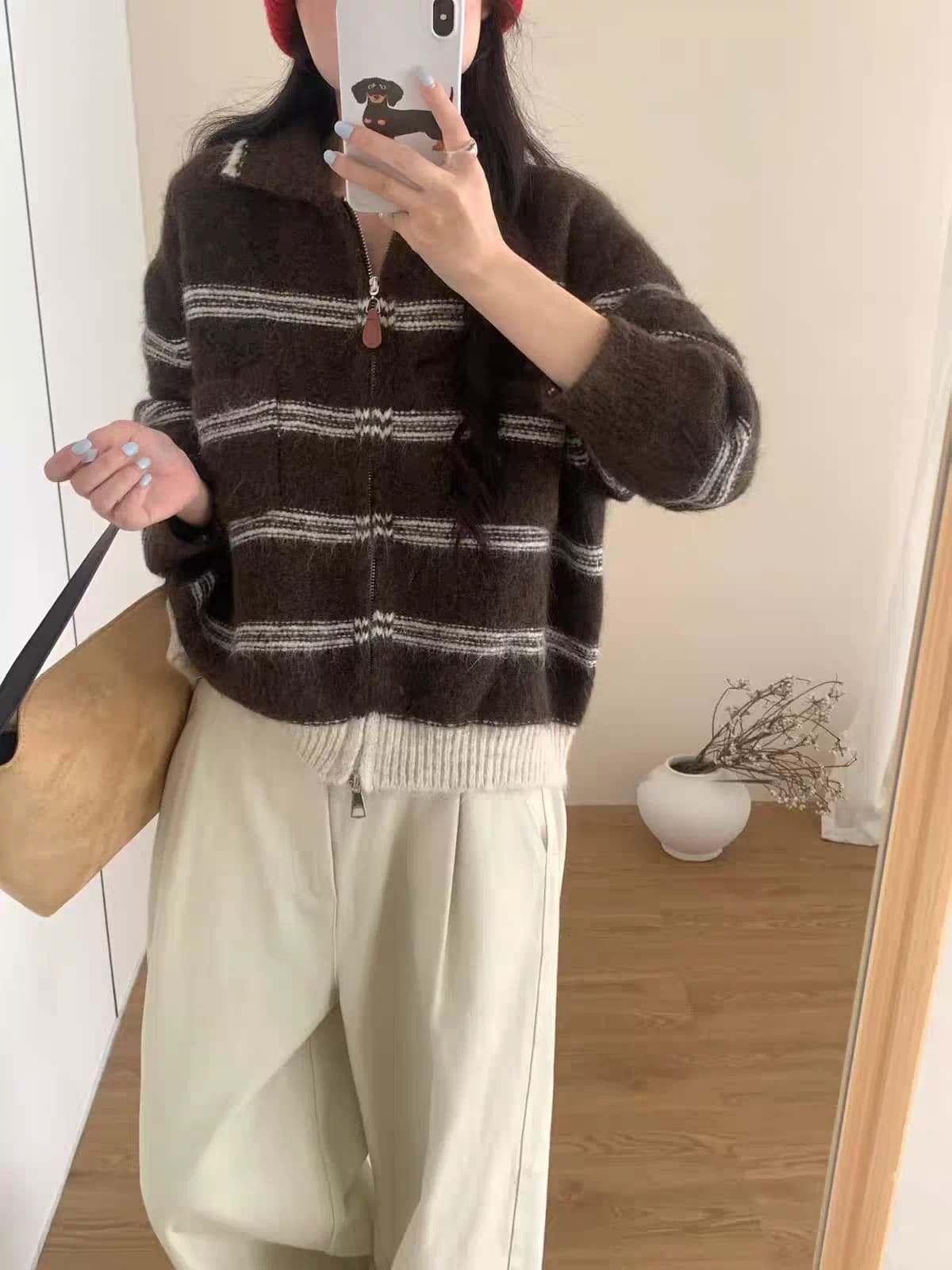 폴로 칼라 양방향 지퍼 문 襟 스트라이프 니트 오픈 가디건 부드러운 찹쌀 꽃 실 루즈핏 느긋한 바람 벨트 주머니 스웨터 상세 이미지 2