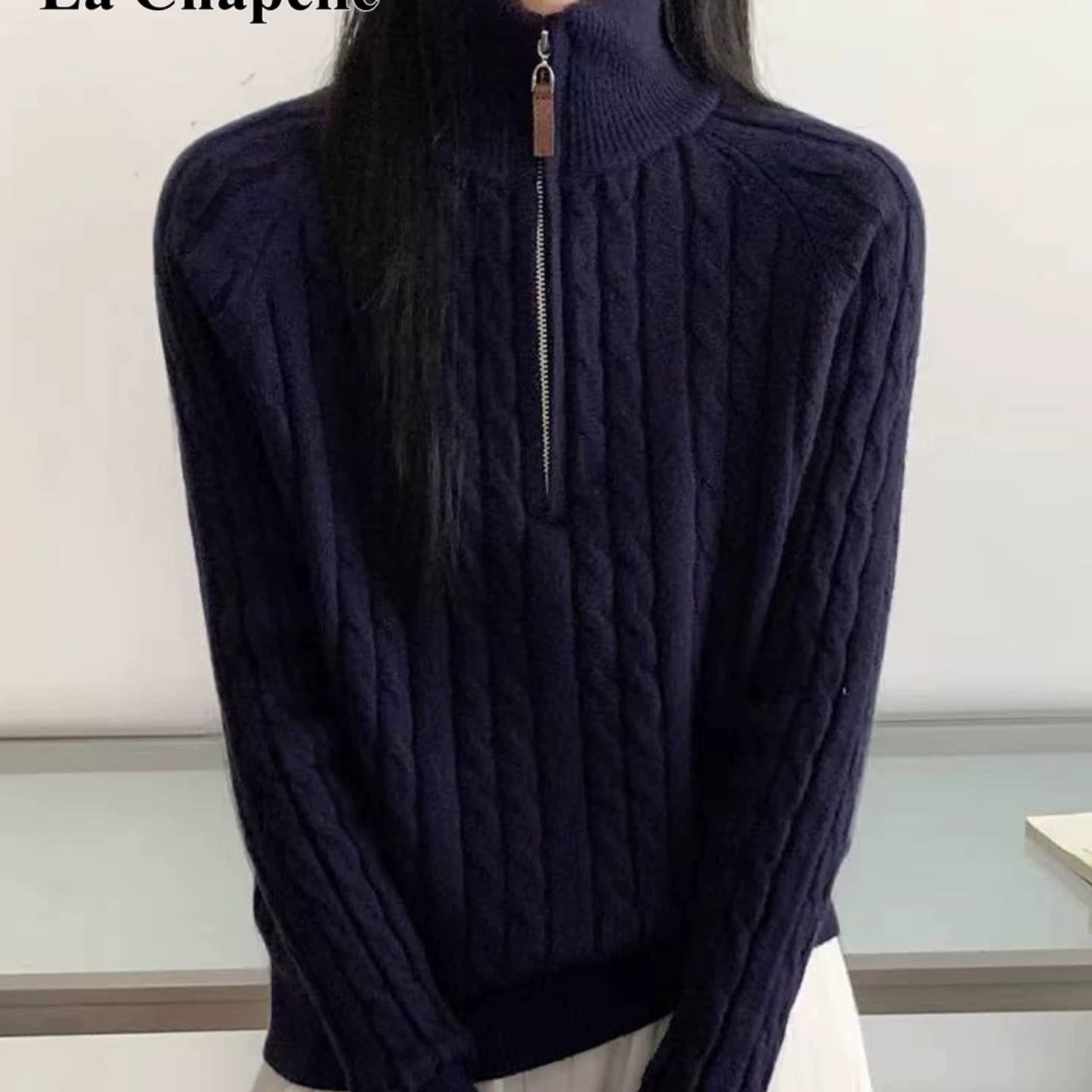 가을 겨울철 품격 스탠드 칼라 스웨터 半拉 체인 길이 소매 짠 셔츠 연령 감소 다용도 만나는 맨위 여성 이미지 5