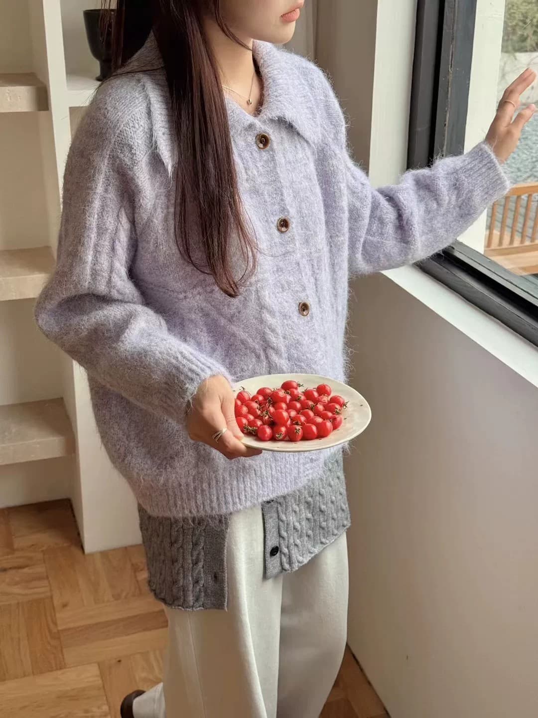 부드러운 찹쌀 꽈배기 디자인 폴로 칼라 스웨터 레트로 센스 오픈 가디건 여성 가을 겨울 루즈핏 니트 스웨터 연령 감소 단추 맨위 상세 이미지 9