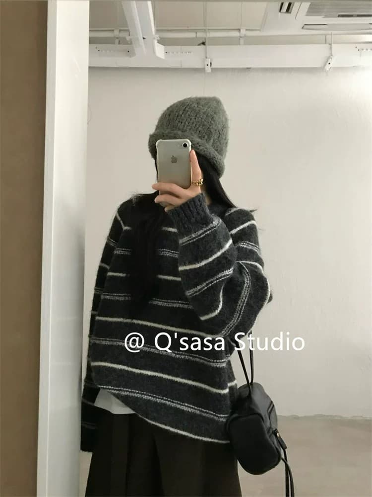 한국 스타일 라운드 넥 스트라이프 스웨터 여자 풀오버 루즈핏 느긋한 바람 다용도 니트 스웨터 가을 겨울 새로운 맨위 트렌디 상세 이미지 1