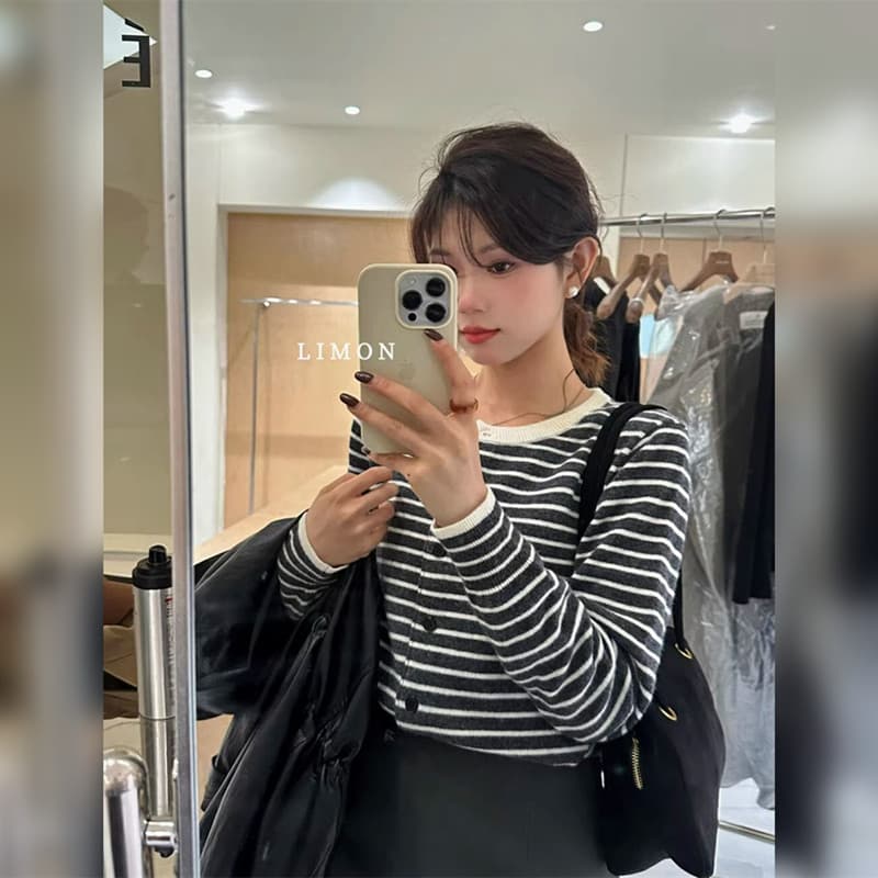 한 부서 품격 캐주얼 스트라이프 라운드 넥 니트 오픈 가디건 여성 봄 고급 센스 예쁜 스웨터 인사이드 가져 가라. 쇼트 스타일 맨위 상세 이미지 3