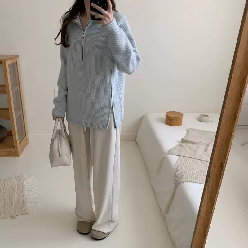 폴로 칼라 화이트 하프 지퍼 스웨터 여자 가을 계절의 겨울 새로운 루즈핏 풀오버 트임 인사이드 가져 가라. 만나는 니트 스웨터 맨위 상세 이미지 8