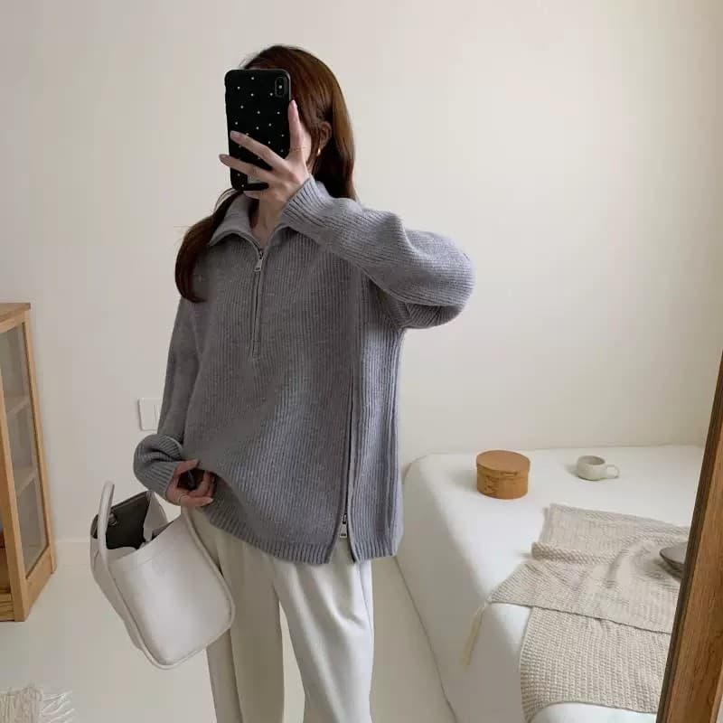 폴로 칼라 화이트 하프 지퍼 스웨터 여자 가을 계절의 겨울 새로운 루즈핏 풀오버 트임 인사이드 가져 가라. 만나는 니트 스웨터 맨위 상세 이미지 11