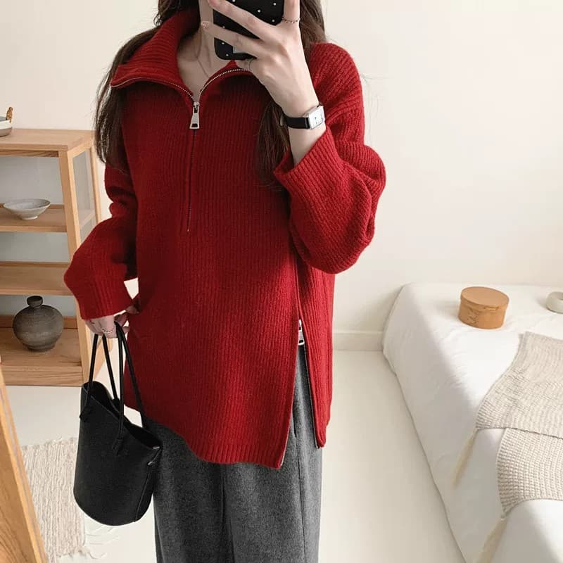 폴로 칼라 화이트 하프 지퍼 스웨터 여자 가을 계절의 겨울 새로운 루즈핏 풀오버 트임 인사이드 가져 가라. 만나는 니트 스웨터 맨위 상세 이미지 17