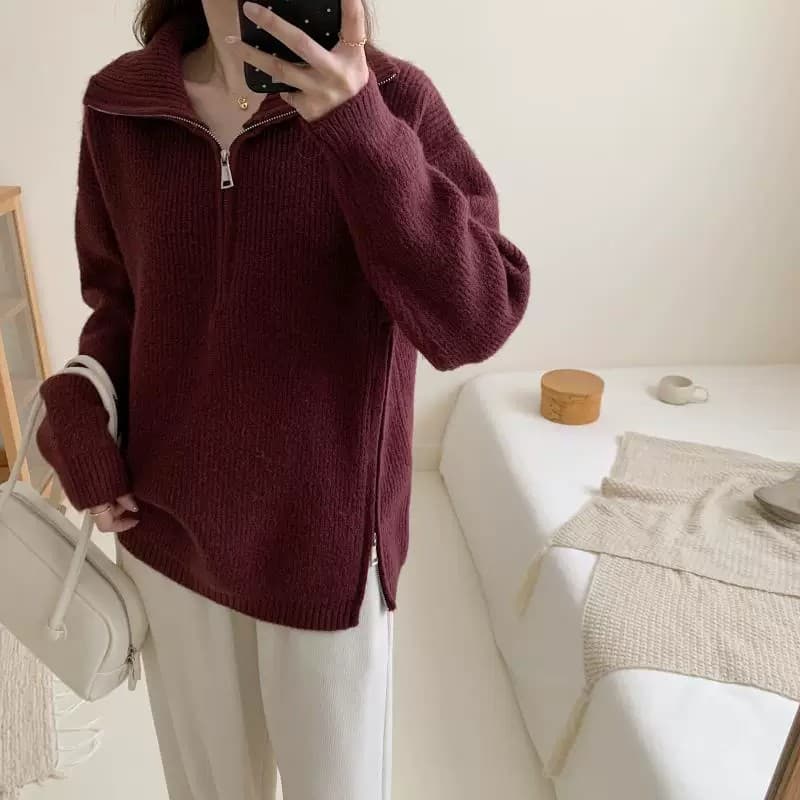 폴로 칼라 화이트 하프 지퍼 스웨터 여자 가을 계절의 겨울 새로운 루즈핏 풀오버 트임 인사이드 가져 가라. 만나는 니트 스웨터 맨위 상세 이미지 19