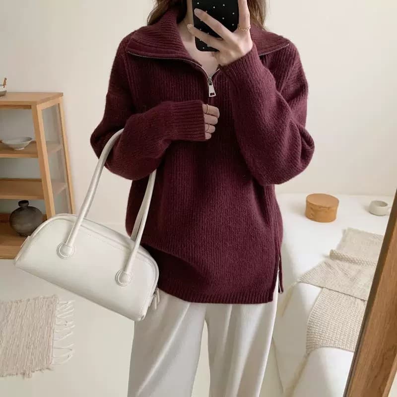 폴로 칼라 화이트 하프 지퍼 스웨터 여자 가을 계절의 겨울 새로운 루즈핏 풀오버 트임 인사이드 가져 가라. 만나는 니트 스웨터 맨위 상세 이미지 23