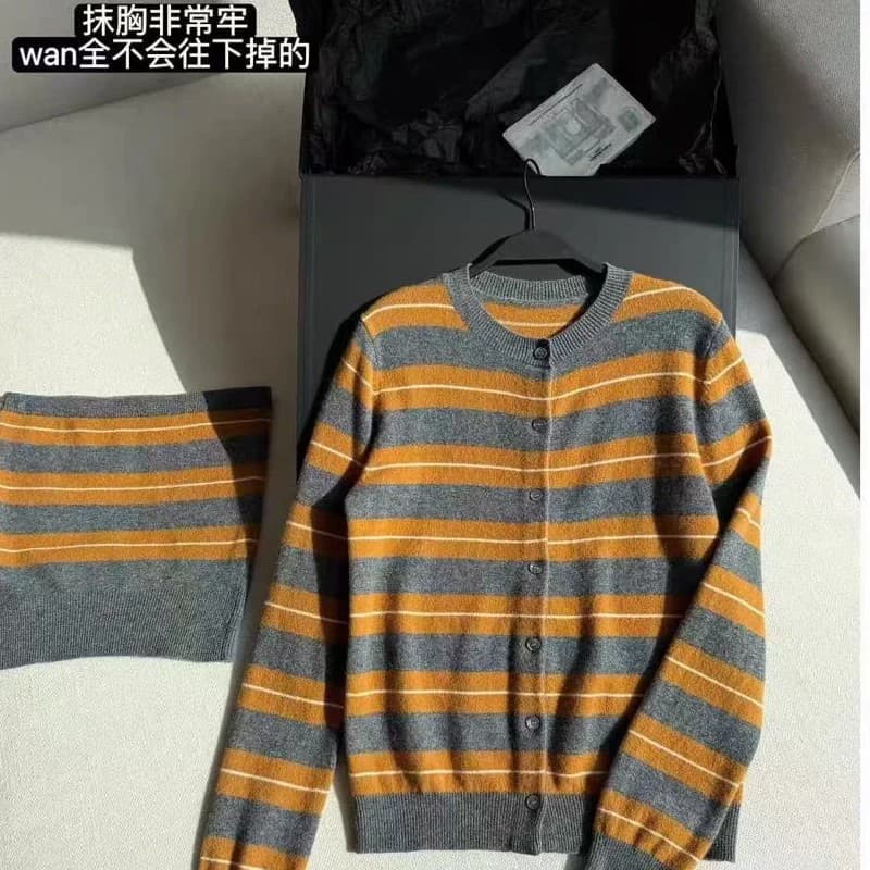 품격 새로운 회색 주황색 스트라이프 인사이드 가져 가라. 패션 긴팔 니트 오픈 가디건 한 부서 다용도 착용 잡아라. 의류 두 조각 여성 세트 상세 이미지 2