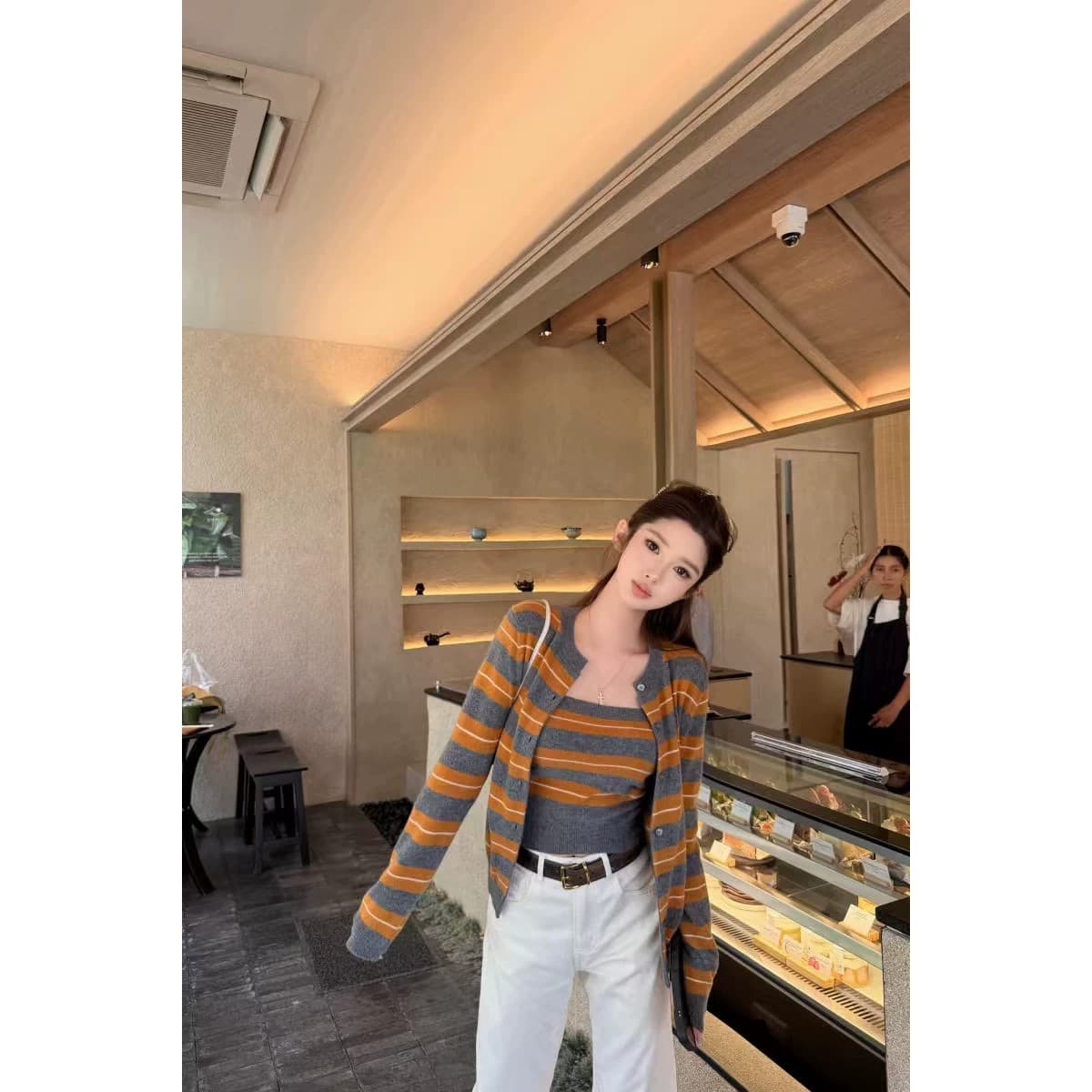 품격 새로운 회색 주황색 스트라이프 인사이드 가져 가라. 패션 긴팔 니트 오픈 가디건 한 부서 다용도 착용 잡아라. 의류 두 조각 여성 세트 상세 이미지 4