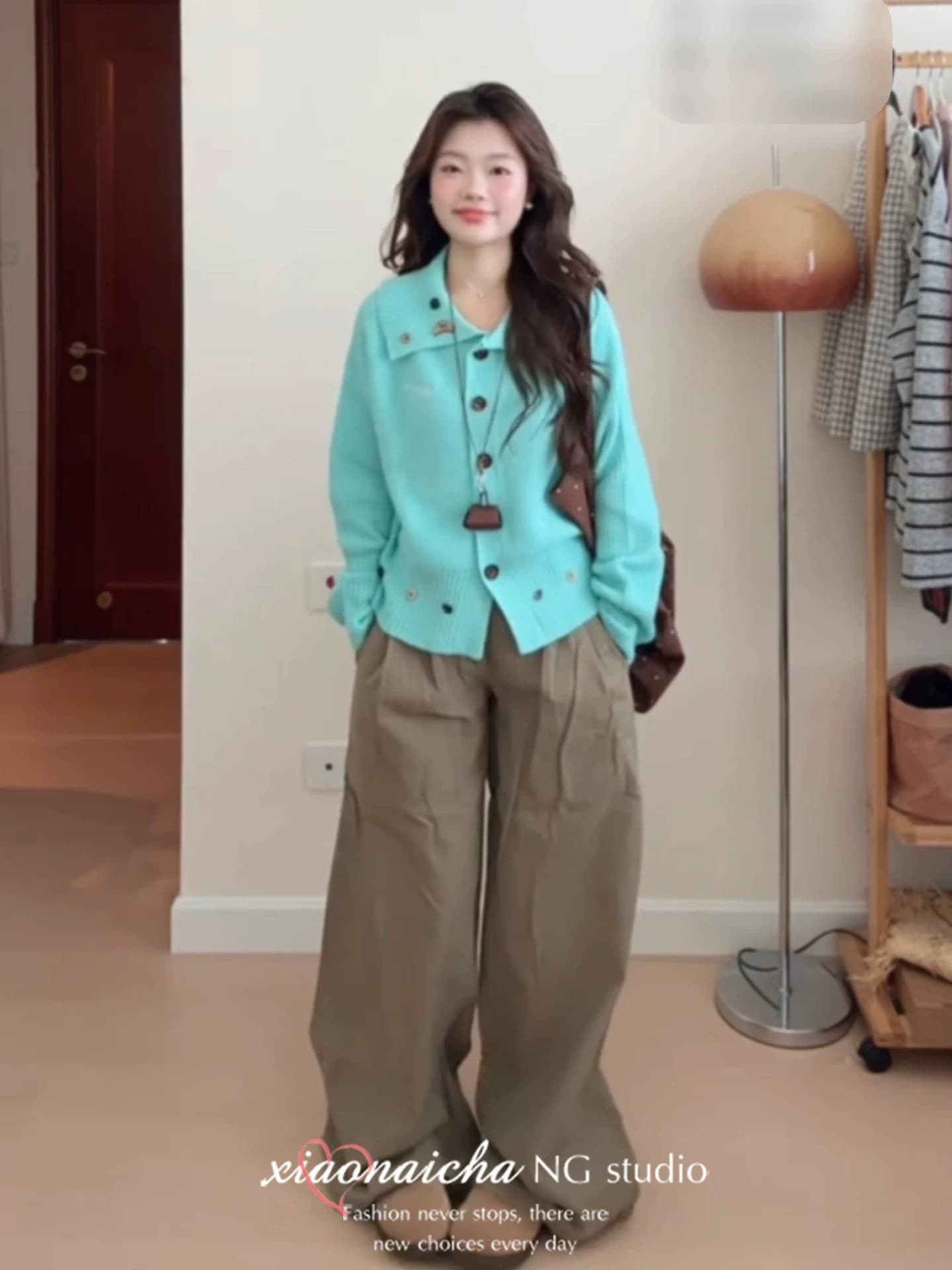 느긋한 바람 파란색 폴로 칼라 부드러운 찹쌀 스웨터 여성 코트 가을 겨울 새로운 작은 키 루즈핏 슬림해 보이는 니트 오픈 가디건 트렌디 이미지 2