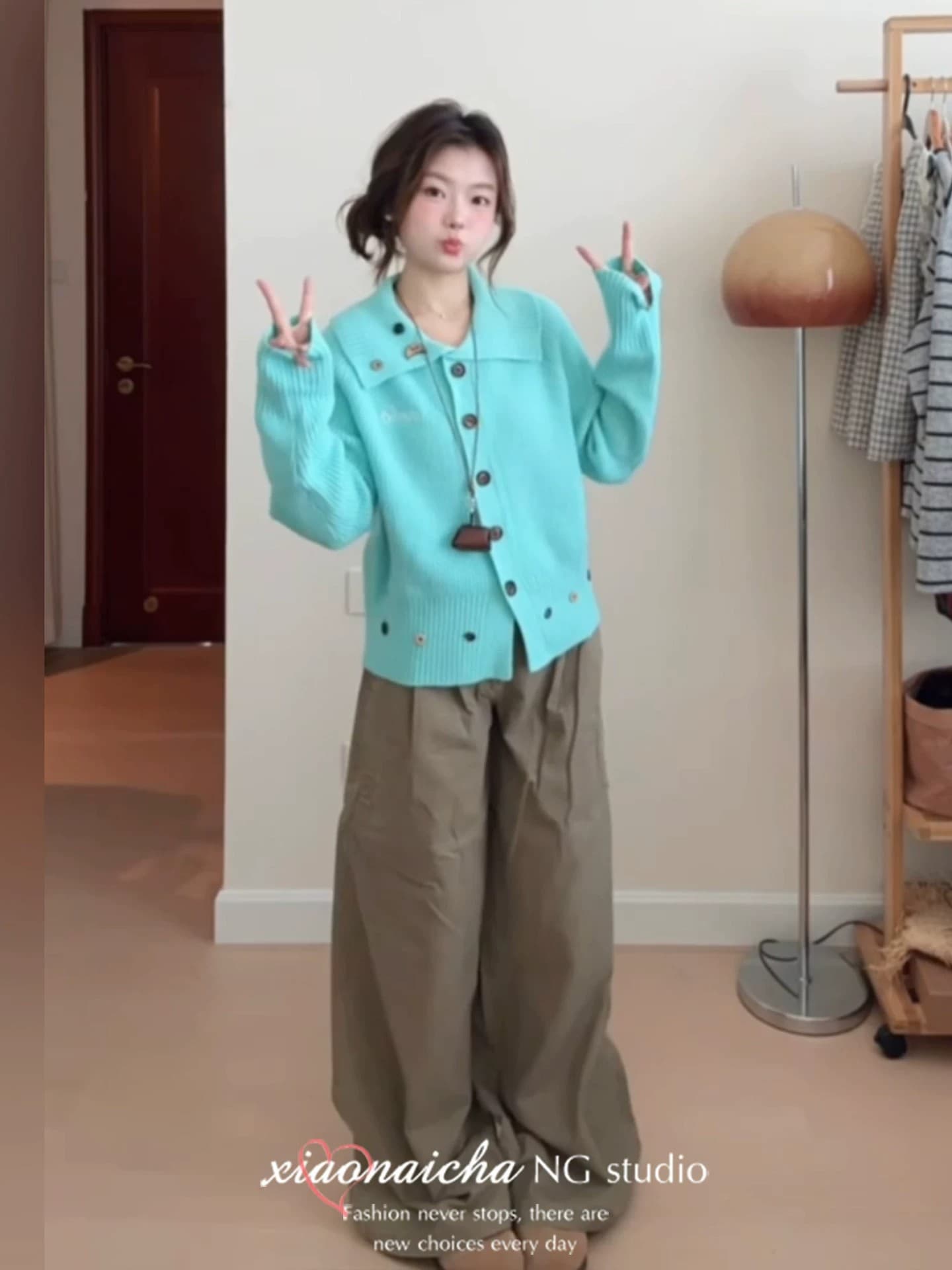 느긋한 바람 파란색 폴로 칼라 부드러운 찹쌀 스웨터 여성 코트 가을 겨울 새로운 작은 키 루즈핏 슬림해 보이는 니트 오픈 가디건 트렌디 상세 이미지 1