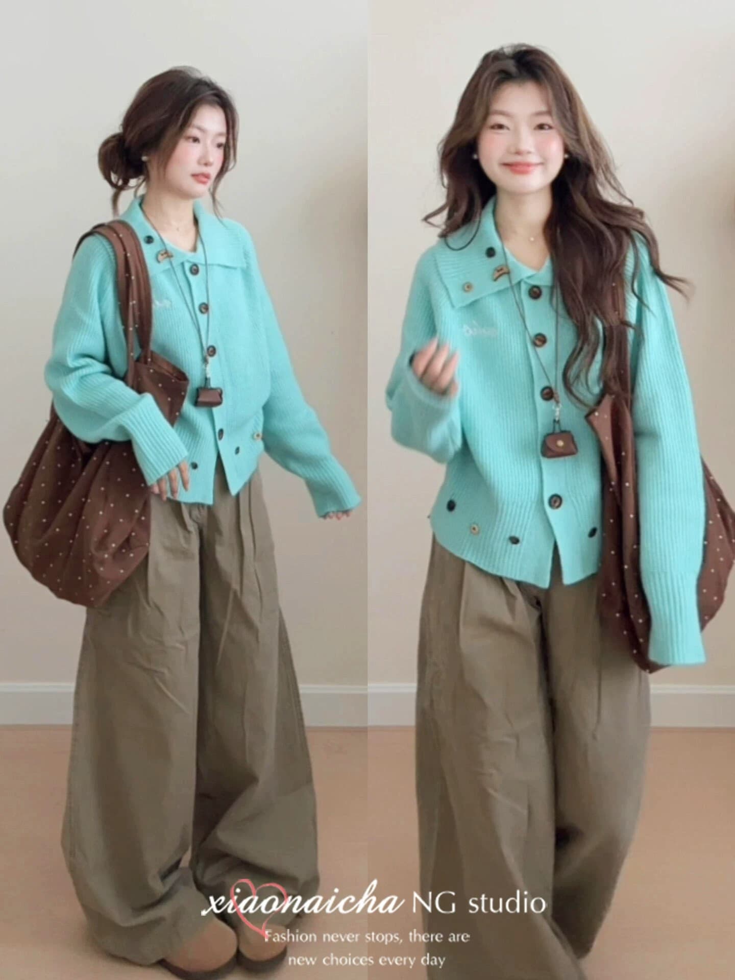 느긋한 바람 파란색 폴로 칼라 부드러운 찹쌀 스웨터 여성 코트 가을 겨울 새로운 작은 키 루즈핏 슬림해 보이는 니트 오픈 가디건 트렌디 상세 이미지 2