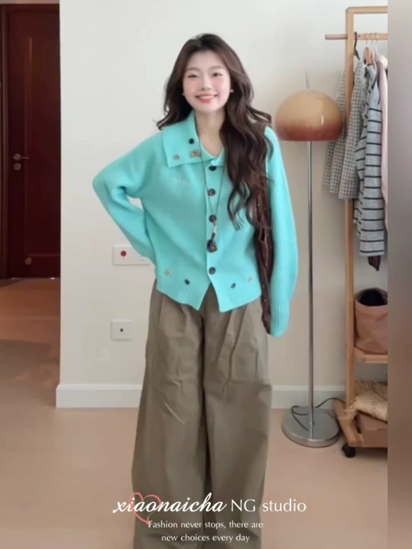 느긋한 바람 파란색 폴로 칼라 부드러운 찹쌀 스웨터 여성 코트 가을 겨울 새로운 작은 키 루즈핏 슬림해 보이는 니트 오픈 가디건 트렌디 상세 이미지 5