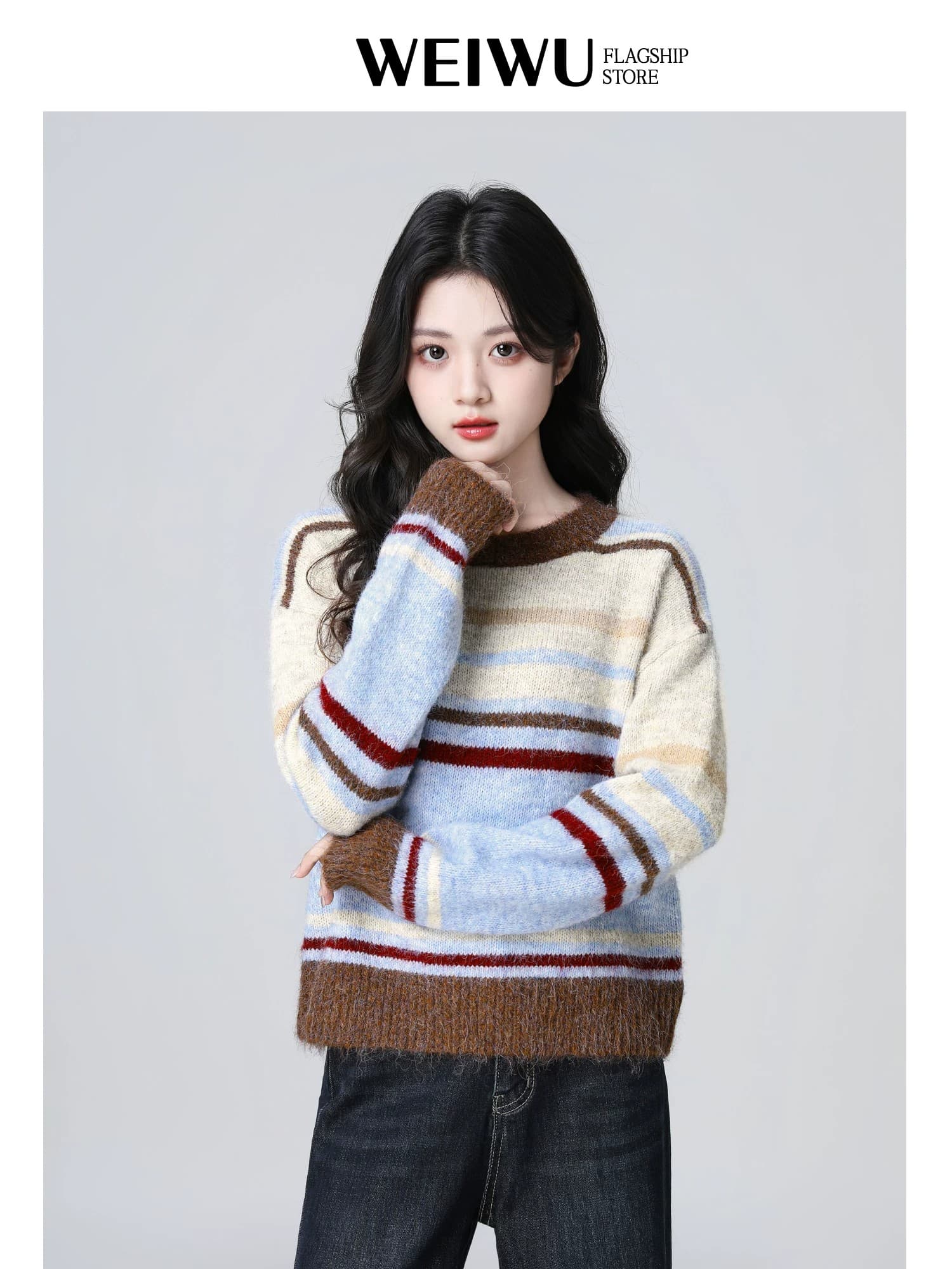 배색 스트라이프 라운드 넥 스웨터 여자 가을 겨울 가을 새로운 느긋한 바람 부드러운 찹쌀 두꺼운 니트 스웨터 인사이드 잡아라. 의류 이미지 4