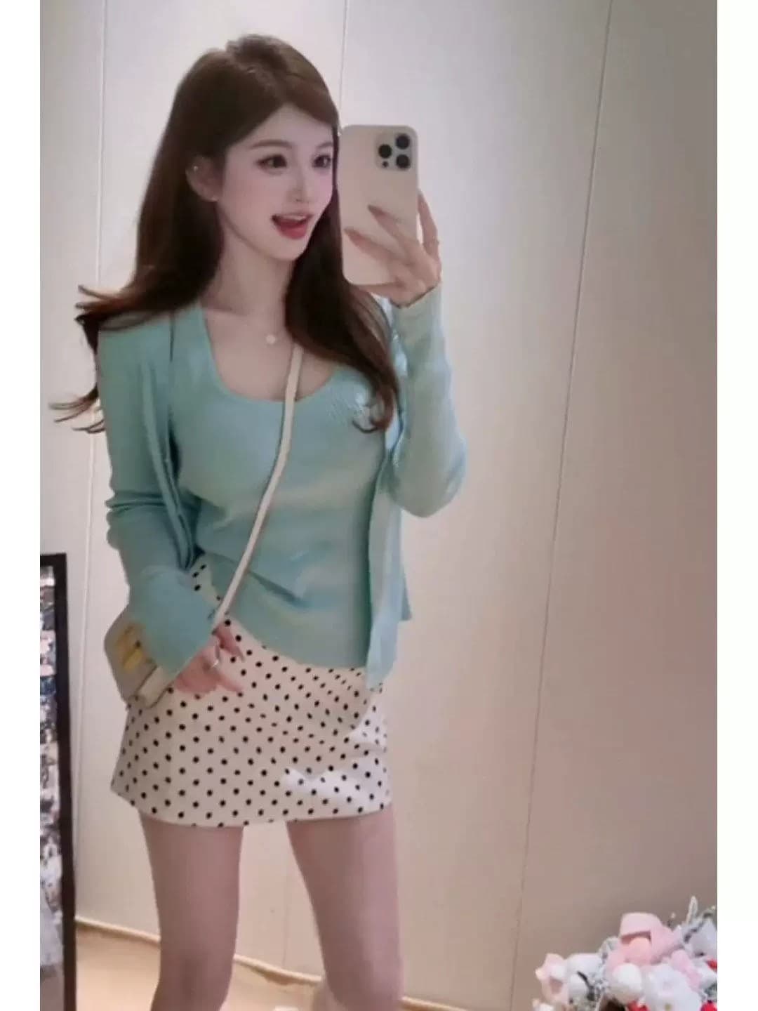 슈퍼 화재 열린 봄 도파민 한 부서 착용 가져 가라. 전체 집합 녹색 니트 오픈 가디건 캐미솔 투피스 슈트 상세 이미지 5