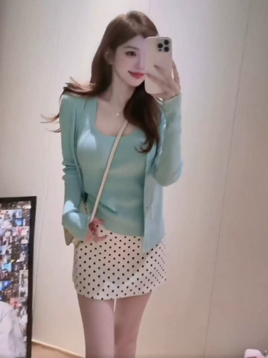 슈퍼 화재 열린 봄 도파민 한 부서 착용 가져 가라. 전체 집합 녹색 니트 오픈 가디건 캐미솔 투피스 슈트 상세 이미지 6