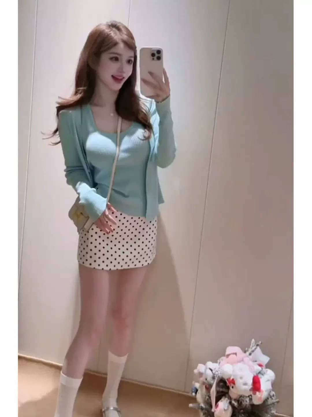 슈퍼 화재 열린 봄 도파민 한 부서 착용 가져 가라. 전체 집합 녹색 니트 오픈 가디건 캐미솔 투피스 슈트 상세 이미지 7