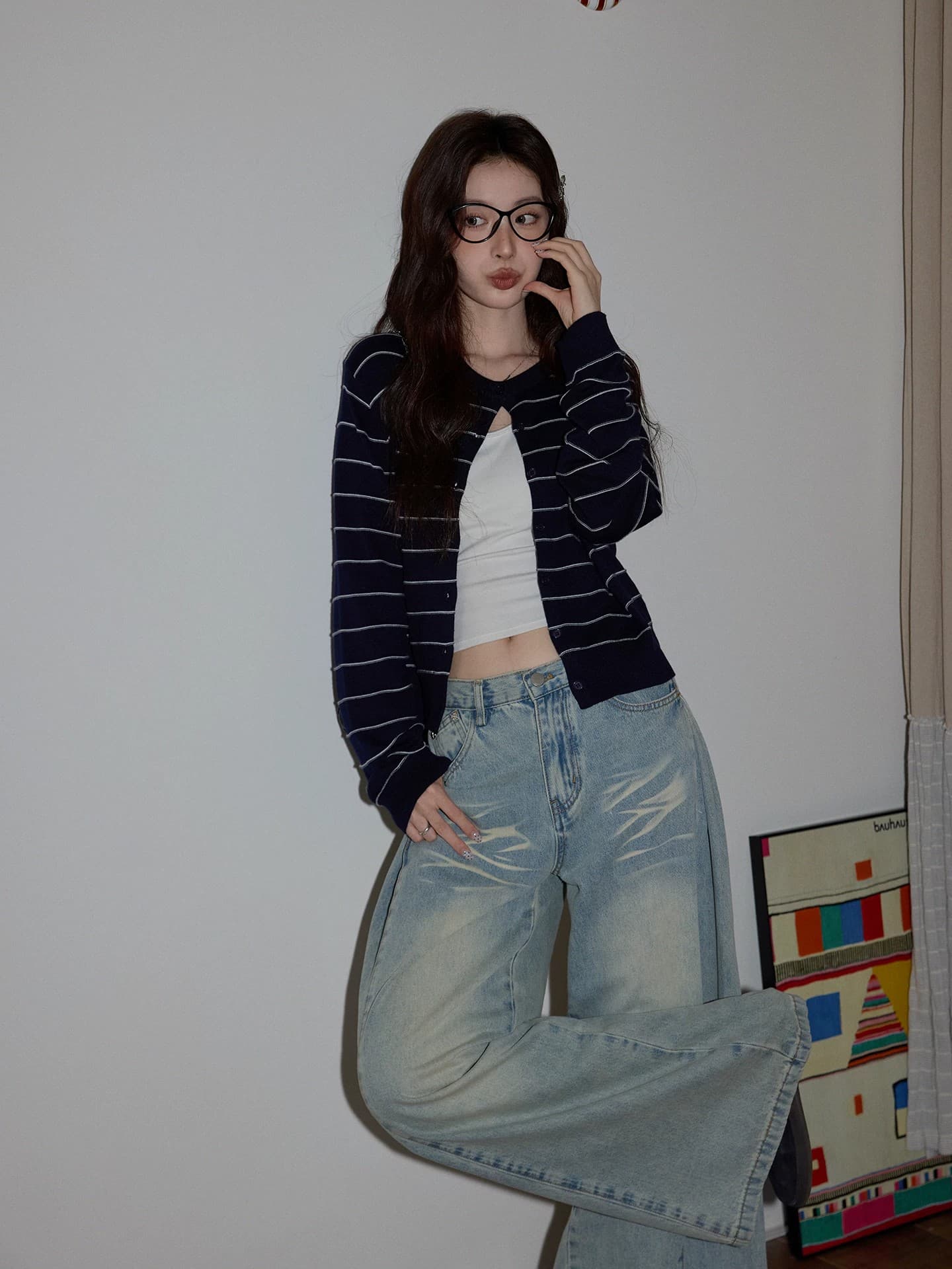 한 부서 해군 스트라이프 니트 스웨터 여성 봄 캐주얼 다용도 외부 가져 가라. 두꺼운 긴팔 카디건 코트 이미지 3