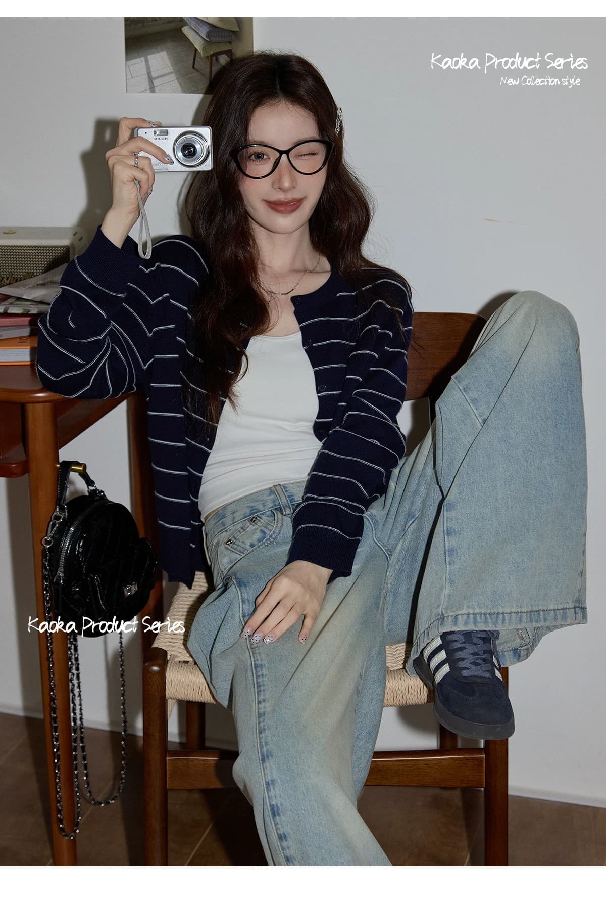 한 부서 해군 스트라이프 니트 스웨터 여성 봄 캐주얼 다용도 외부 가져 가라. 두꺼운 긴팔 카디건 코트 상세 이미지 1