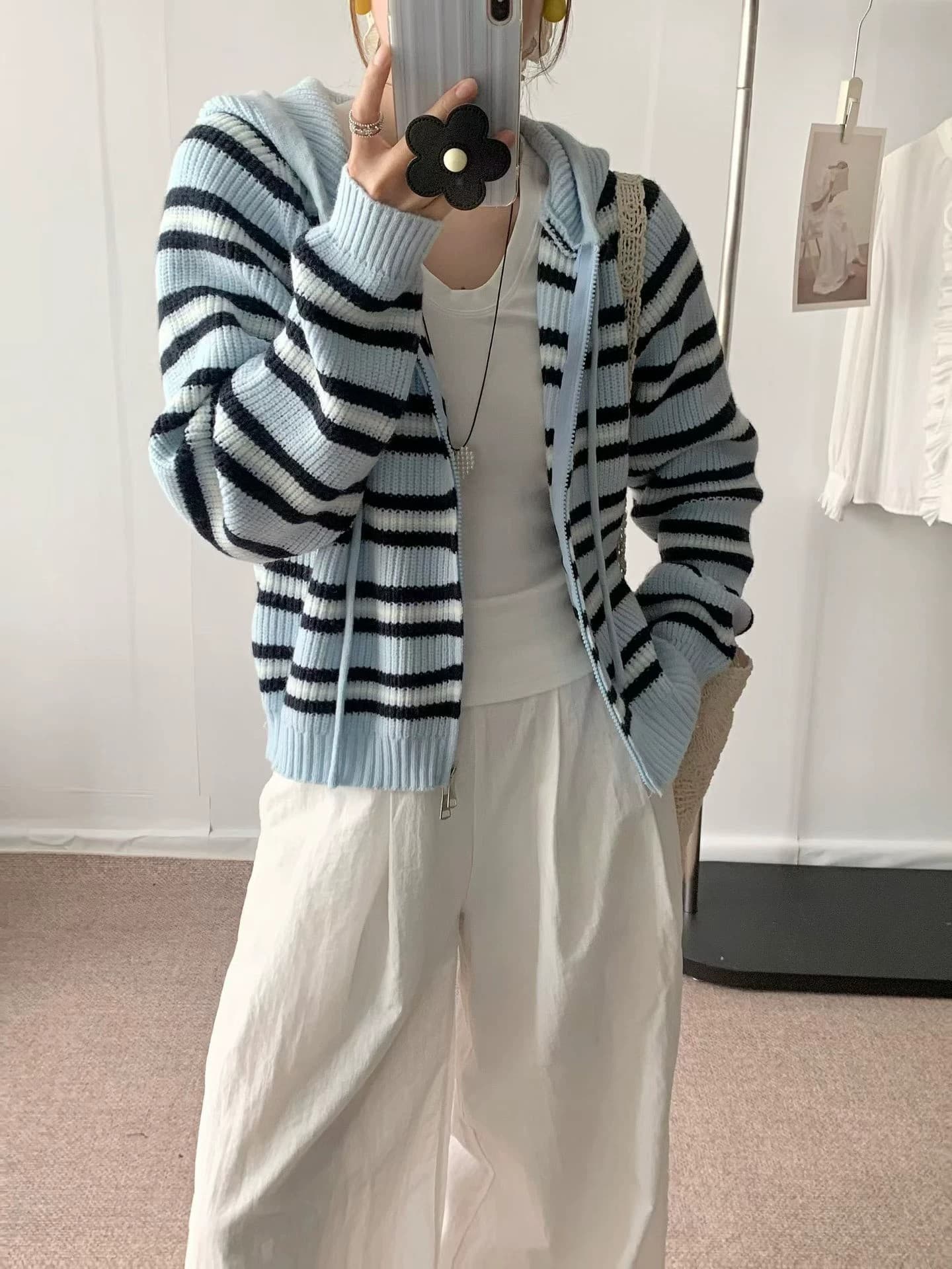 한 부서 레트로 배색 스트라이프 후드 지퍼 맨위 오픈 가디건 부드러운 찹쌀 다용도 느긋한 니트 스웨터 가을 여자 이미지 3