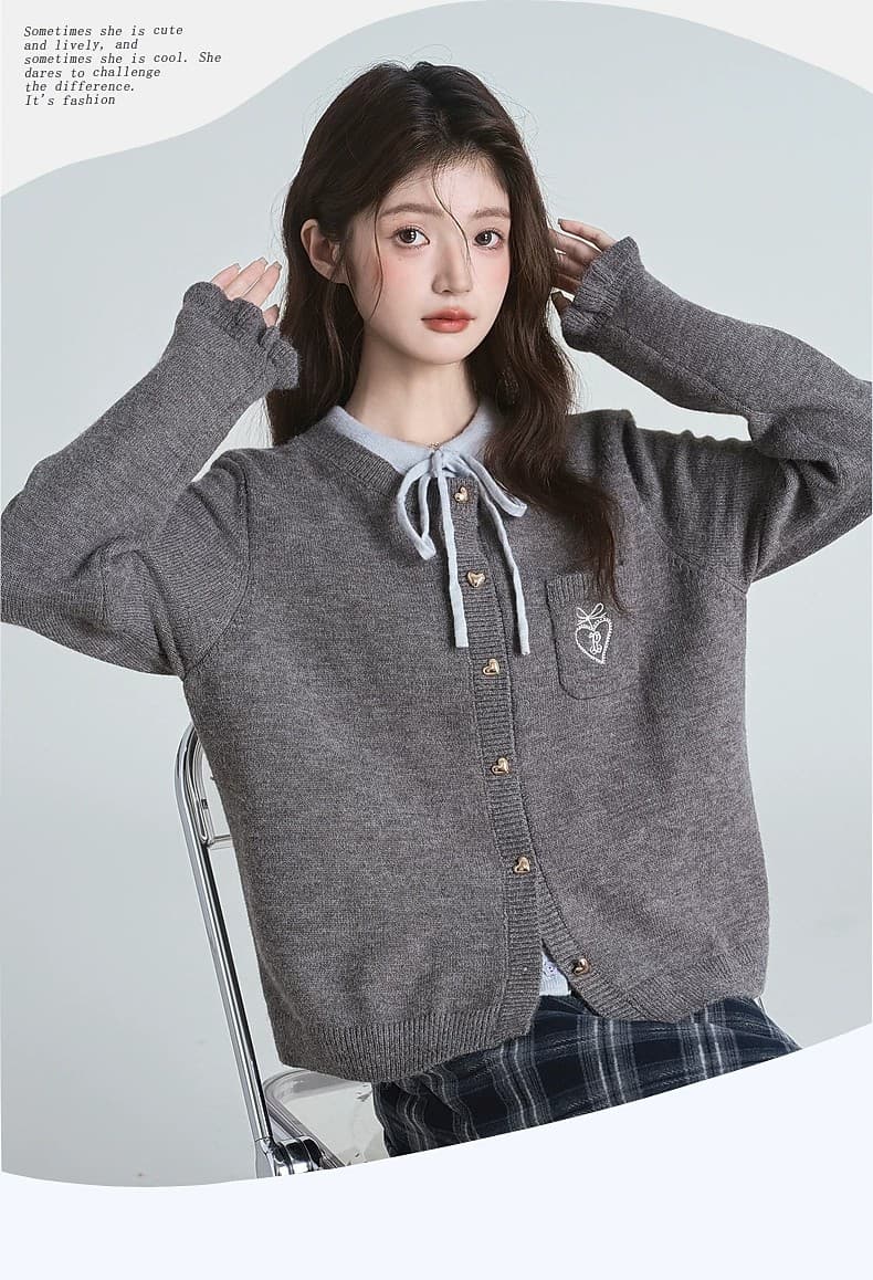 봄 가을 새로운 레트로 라운드 넥 페이크 레이어드 니트 오픈 가디건 여성 루즈핏 레이스업 스웨터 코트 상세 이미지 2