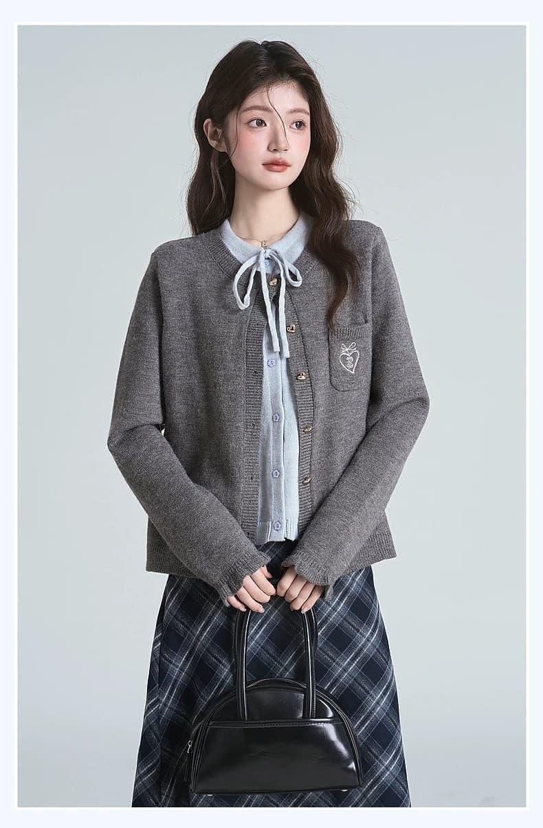 봄 가을 새로운 레트로 라운드 넥 페이크 레이어드 니트 오픈 가디건 여성 루즈핏 레이스업 스웨터 코트 상세 이미지 7