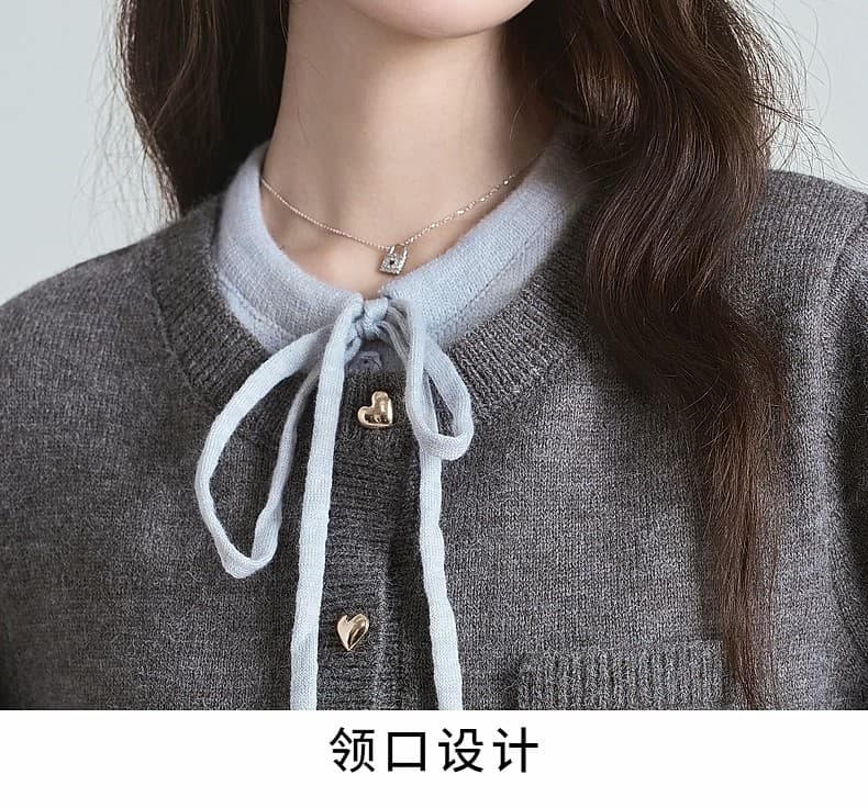 봄 가을 새로운 레트로 라운드 넥 페이크 레이어드 니트 오픈 가디건 여성 루즈핏 레이스업 스웨터 코트 상세 이미지 18