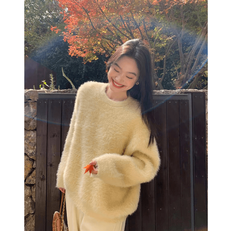 한 부서 루즈핏 디스플레이 화이트 파란색 라운드 넥 부드러운 찹쌀 수달 울 스웨터 겨울 부드러운 바람 Chic 풀오버 느긋한 맨위 여성 상세 이미지 1
