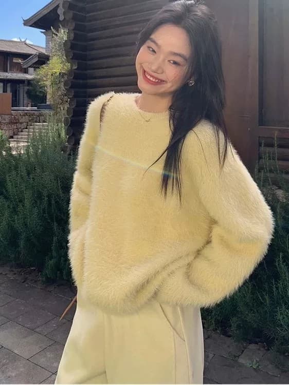 한 부서 루즈핏 디스플레이 화이트 파란색 라운드 넥 부드러운 찹쌀 수달 울 스웨터 겨울 부드러운 바람 Chic 풀오버 느긋한 맨위 여성 상세 이미지 5