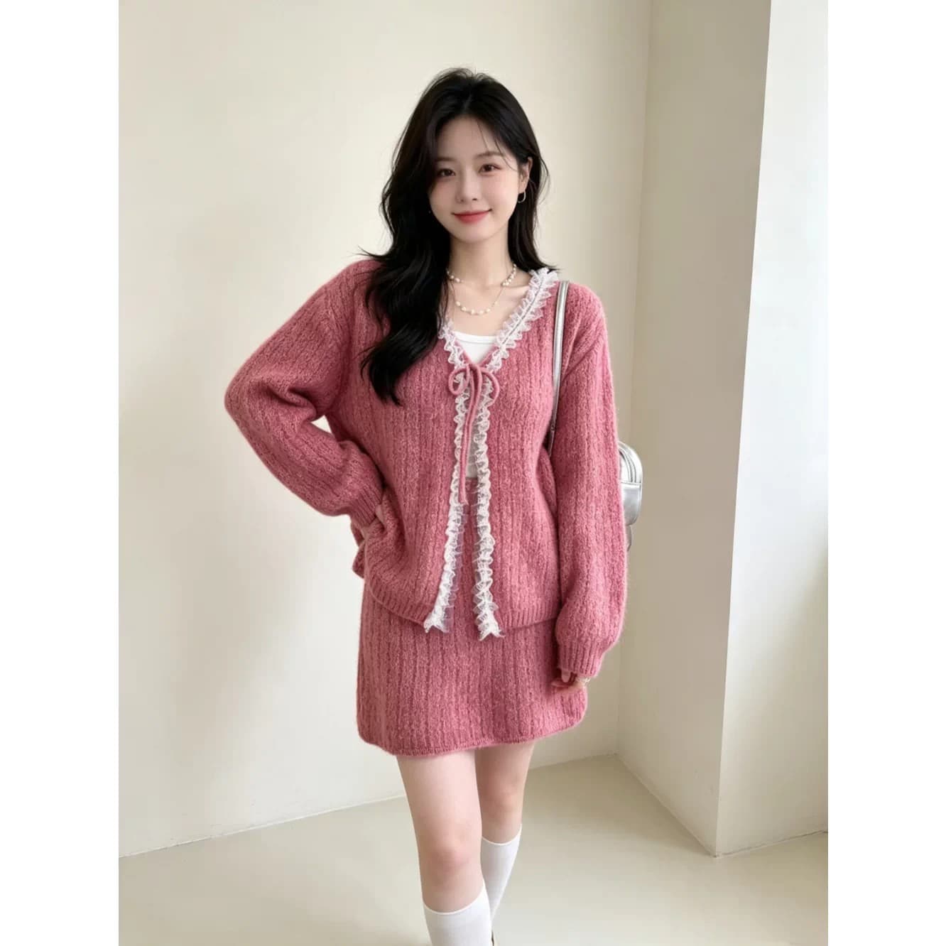 레이스 미니멀리즘 레이스업 작은 샤넬 스타일 미니 스커트 니트 세트 여성 스웨터 투피스 세트 트렌디 상세 이미지 4