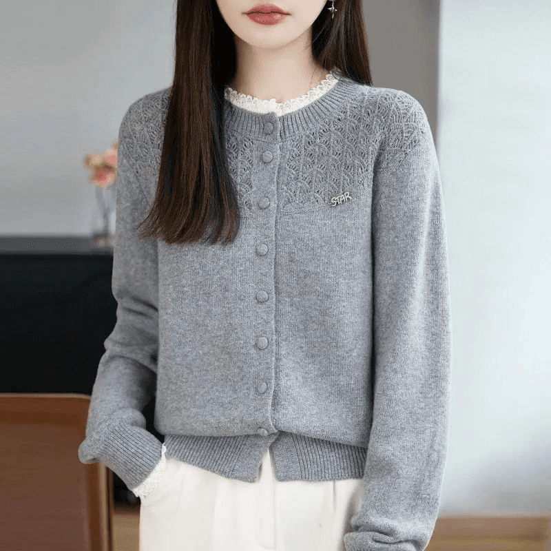 한 부서 레트로 회색 레이스 조각 스웨터 니트 오픈 가디건 여성 봄 가을 패션 스택 착용 쇼트 스타일 재킷 맨위 상세 이미지 4